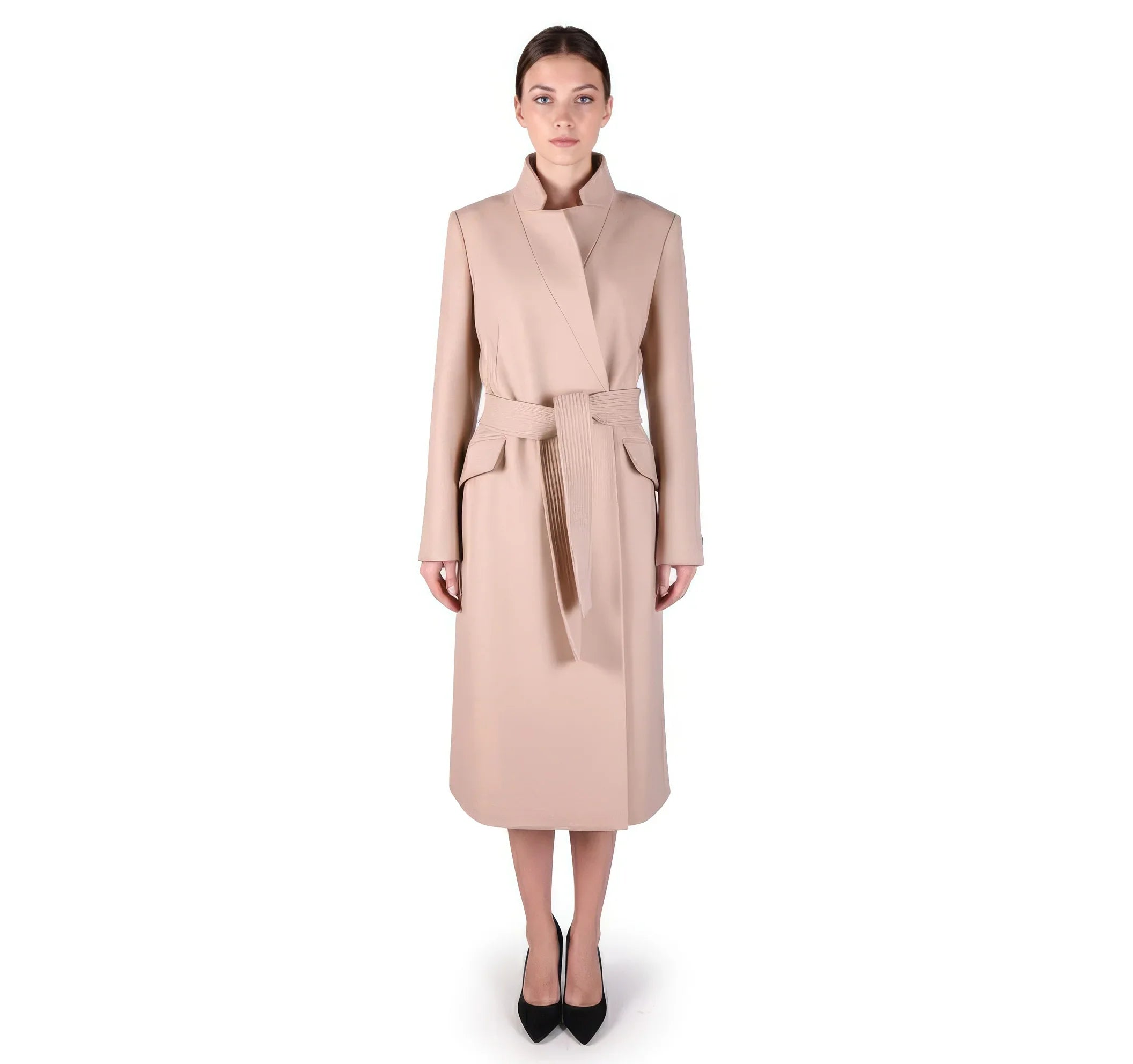 Classic Camel Wool Wrap Coat with Belt