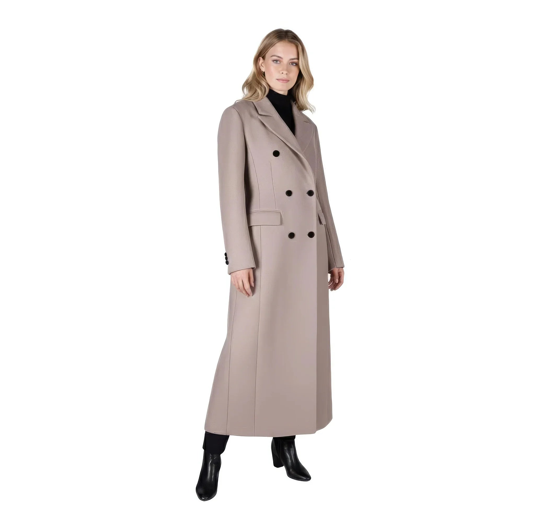 Elegant Double-Breasted Maxi Wool Blend Coat in Taupe/Camel