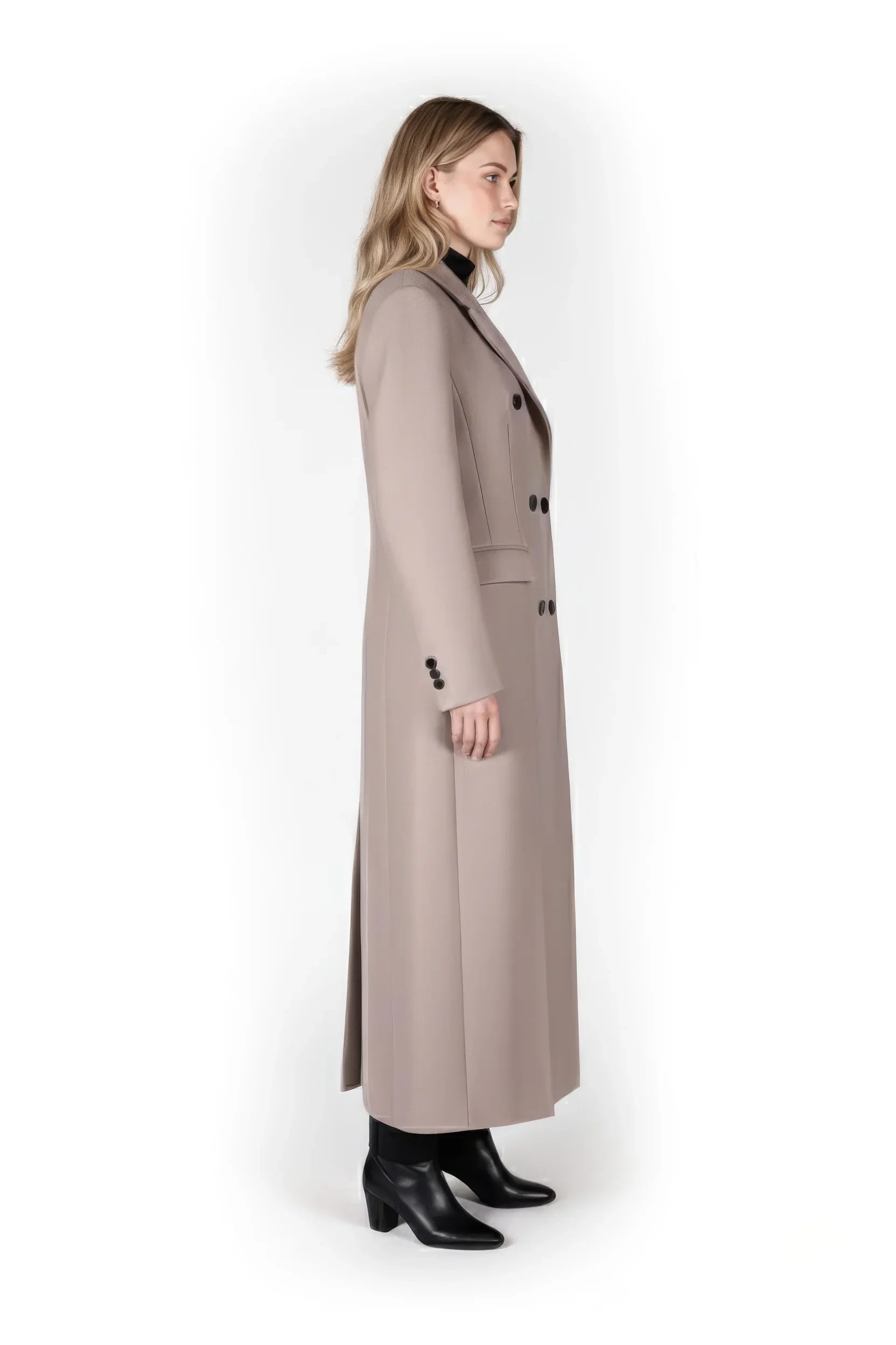 Elegant Double-Breasted Maxi Wool Blend Coat in Taupe/Camel