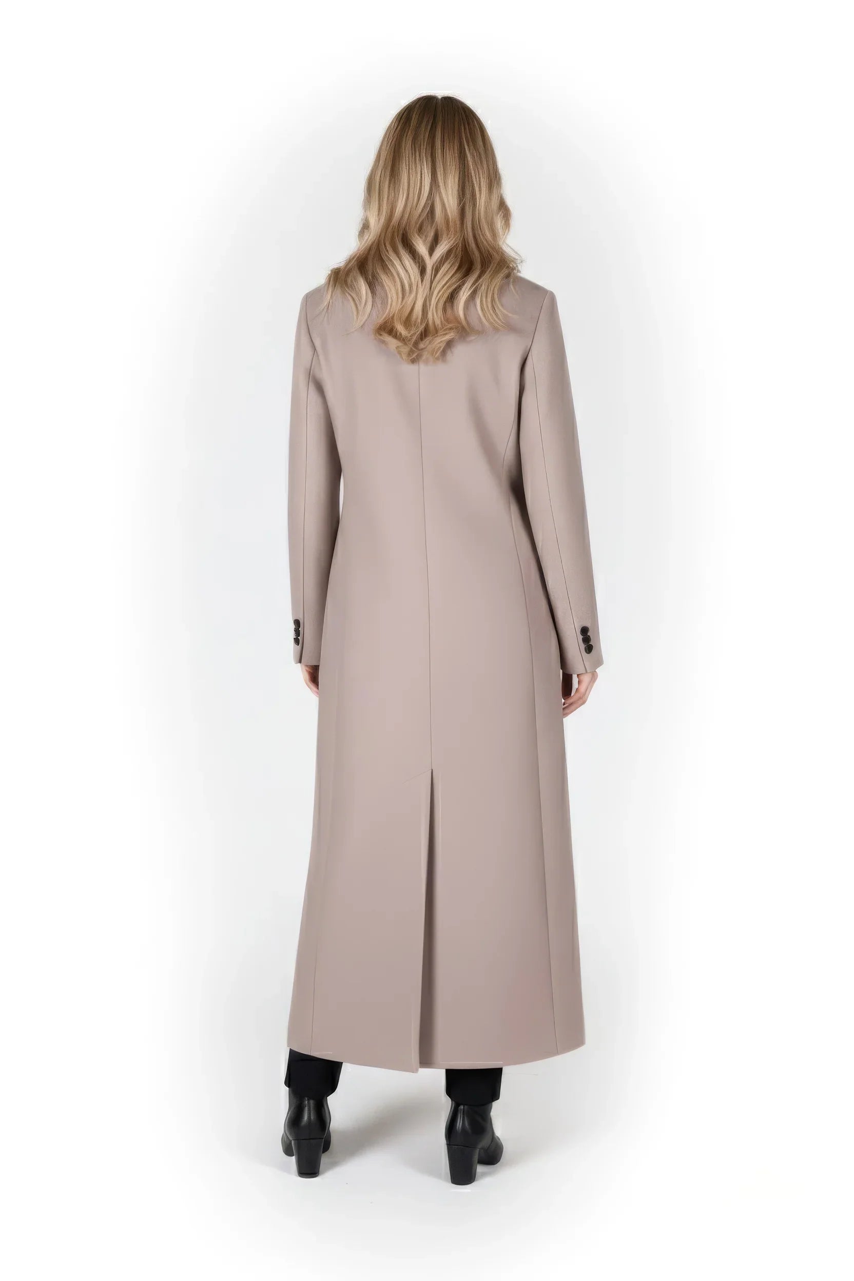 Elegant Double-Breasted Maxi Wool Blend Coat in Taupe/Camel