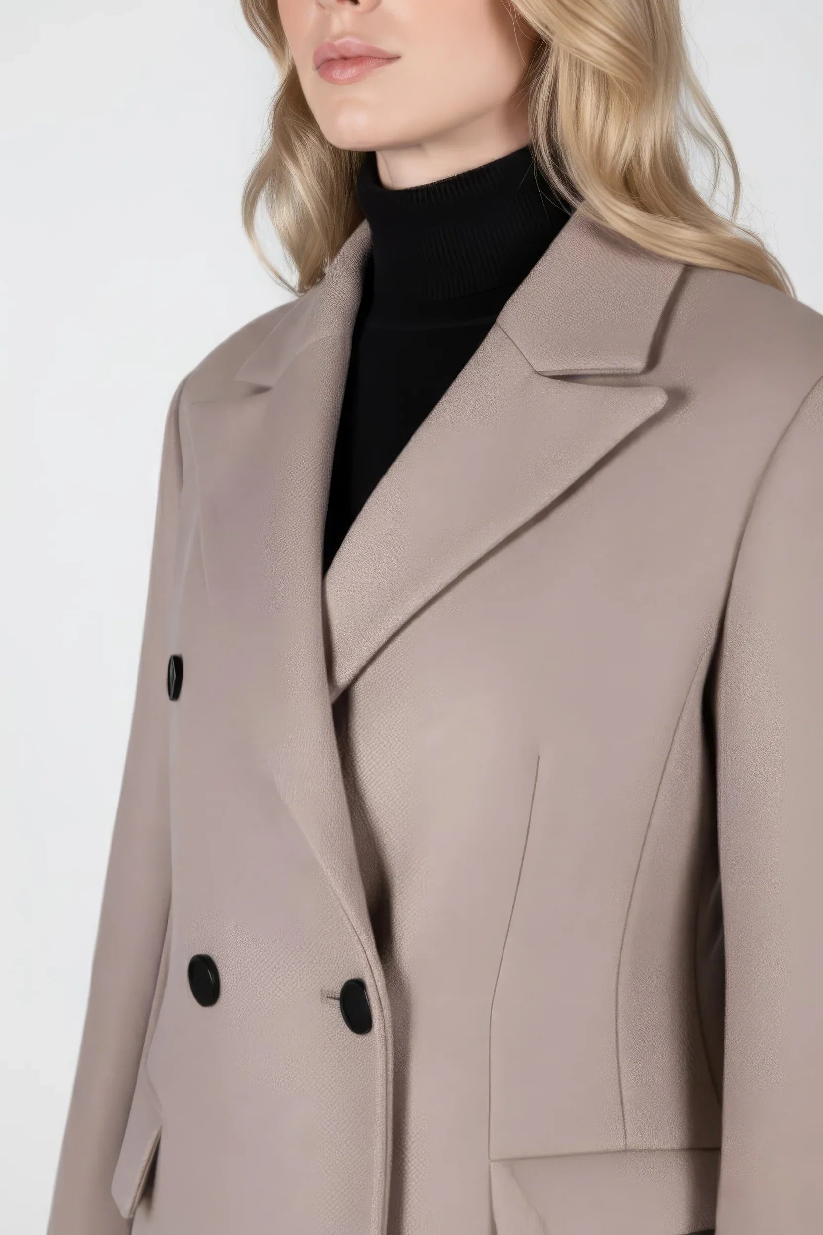 Elegant Double-Breasted Maxi Wool Blend Coat in Taupe/Camel