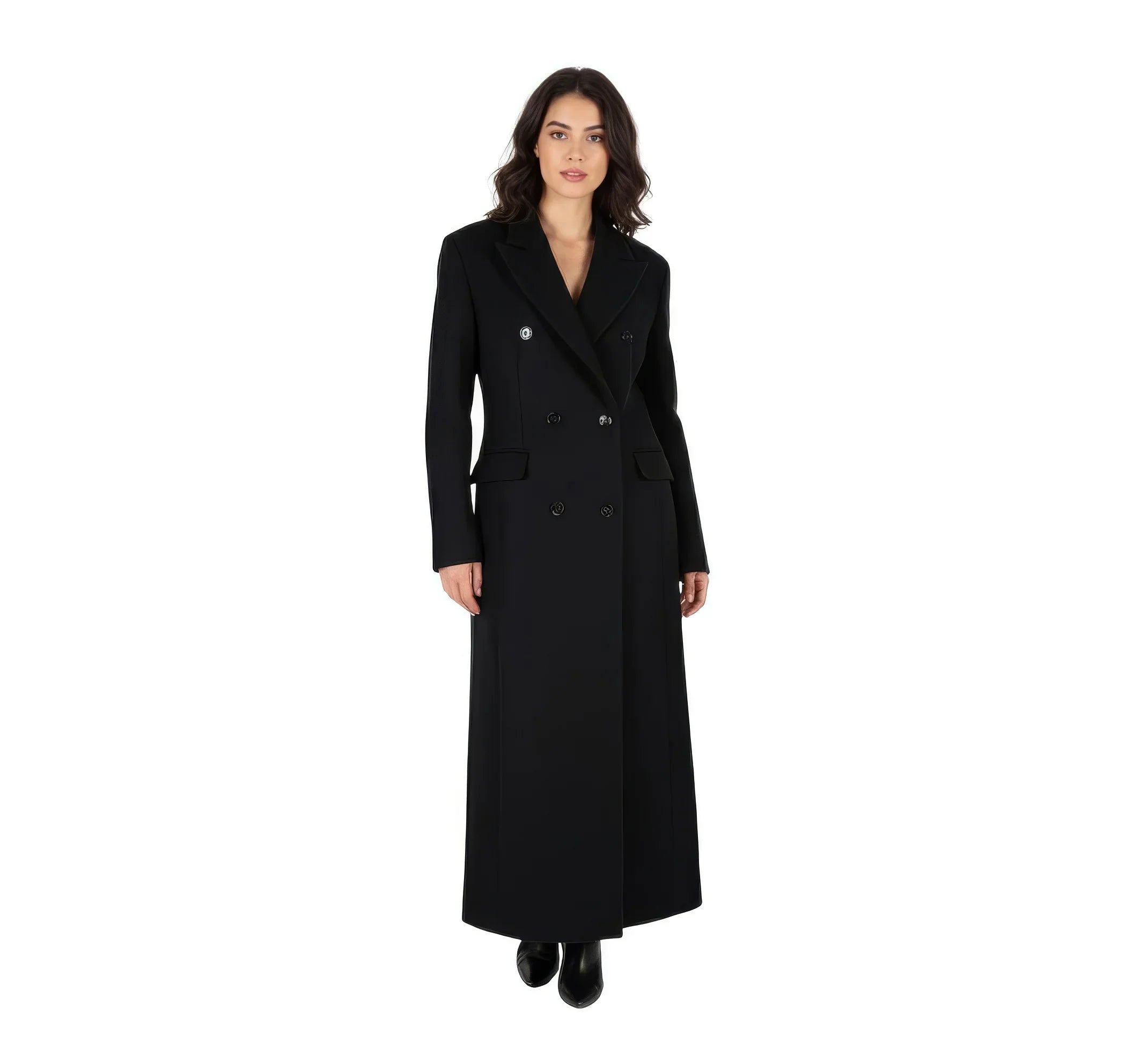 Dramatic Maxi Length Black Double-Breasted Premium Wool Coat