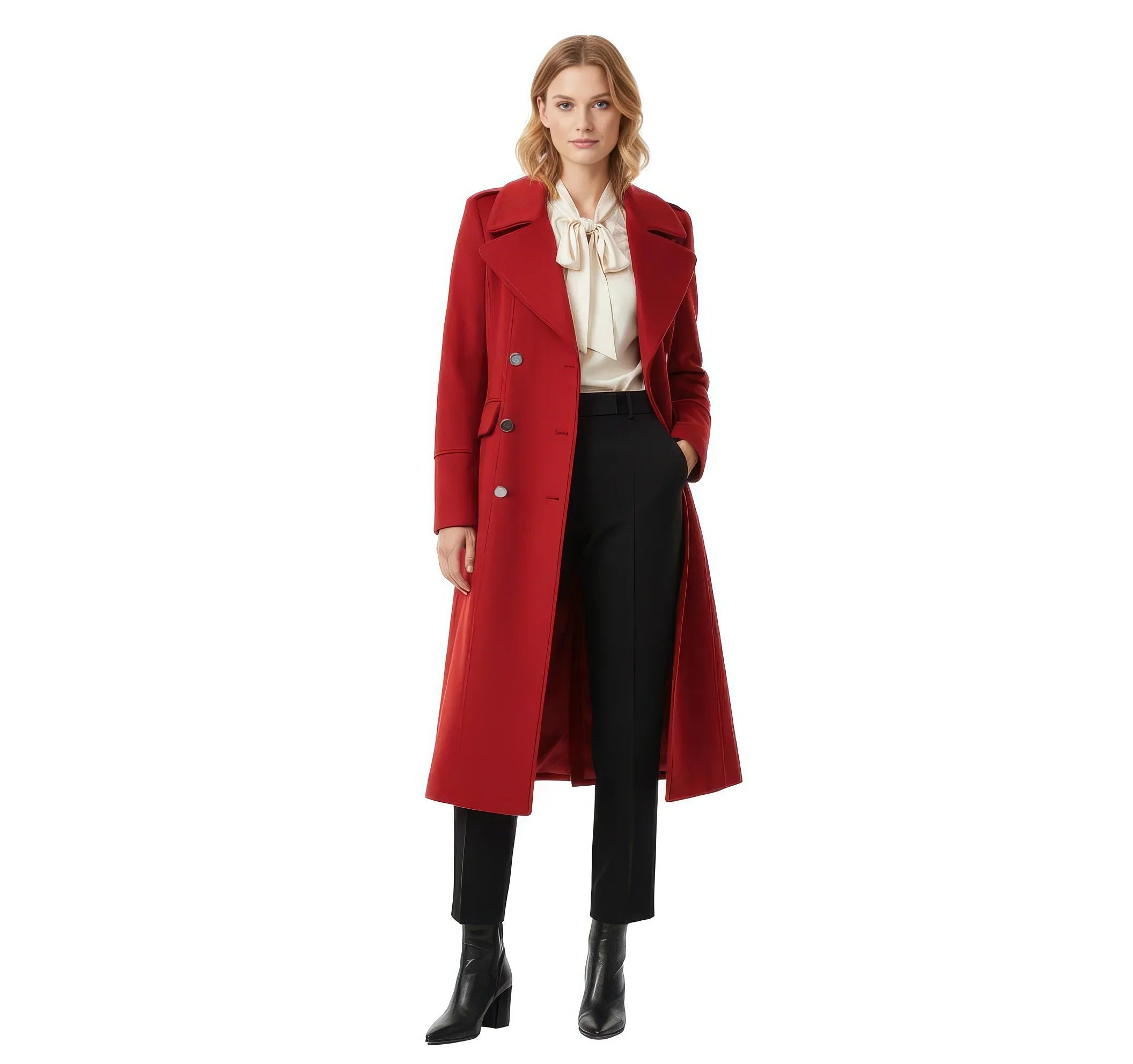 Statement Red Double-Breasted Wool-Blend Coat with Shoulder Detail