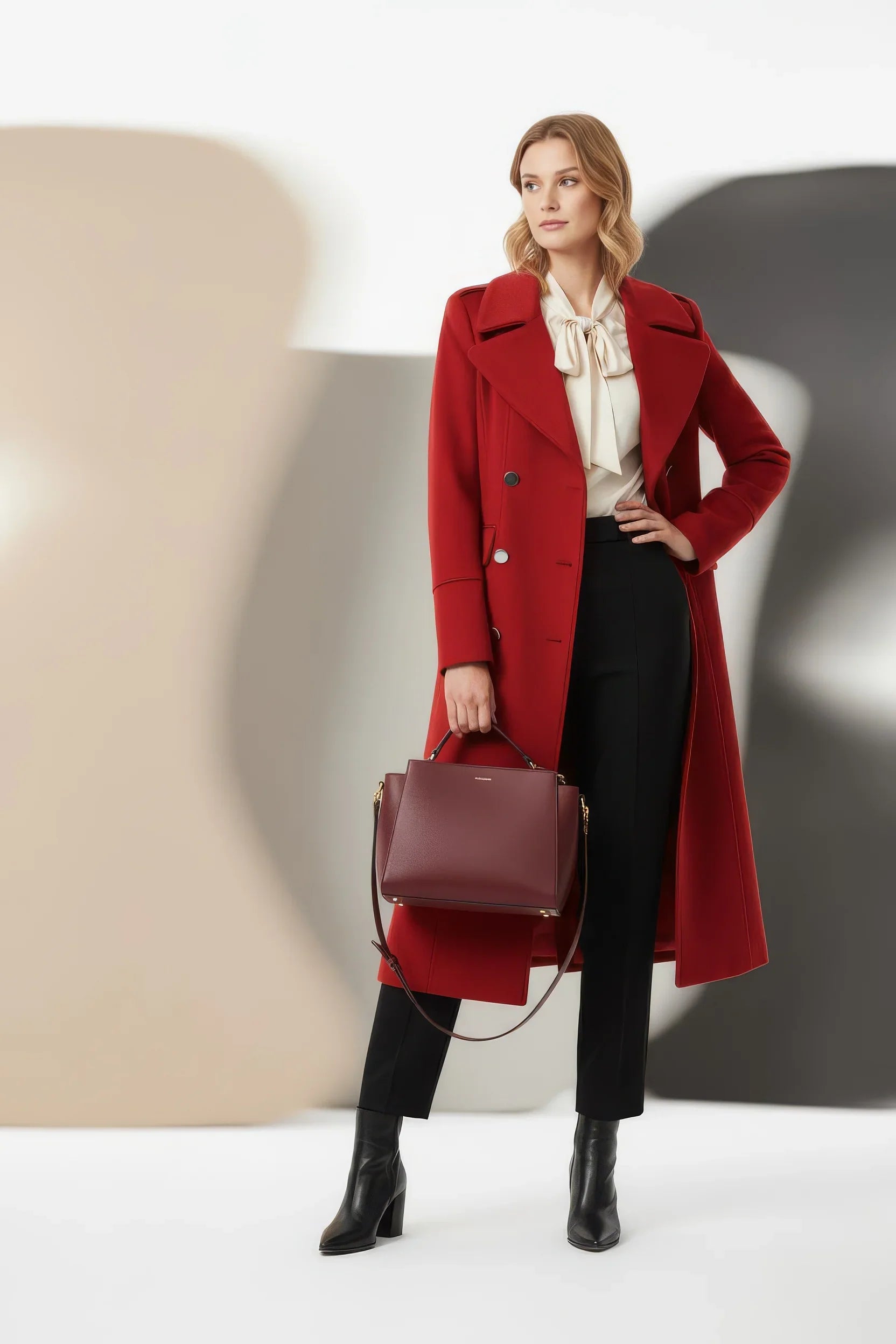 Statement Red Double-Breasted Wool-Blend Coat with Shoulder Detail