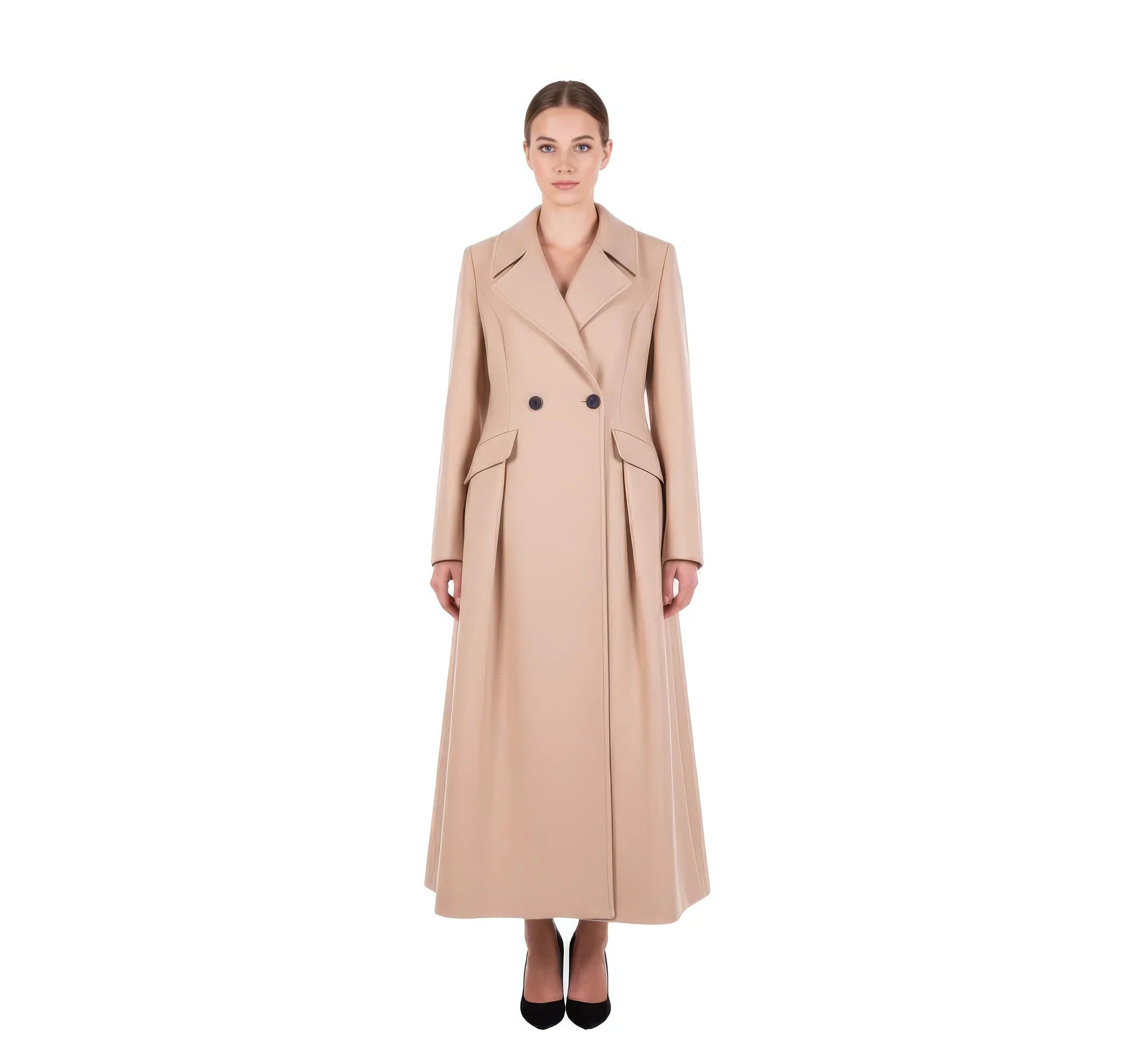 Dramatic Pleated A-Line Maxi Coat in Luxury Wool Blend