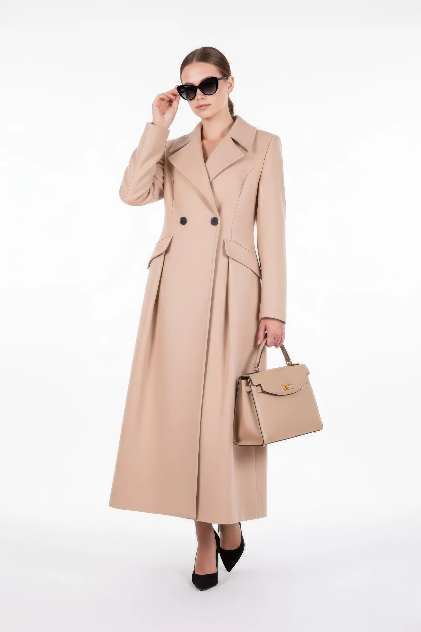 Dramatic Pleated A-Line Maxi Coat in Luxury Wool Blend