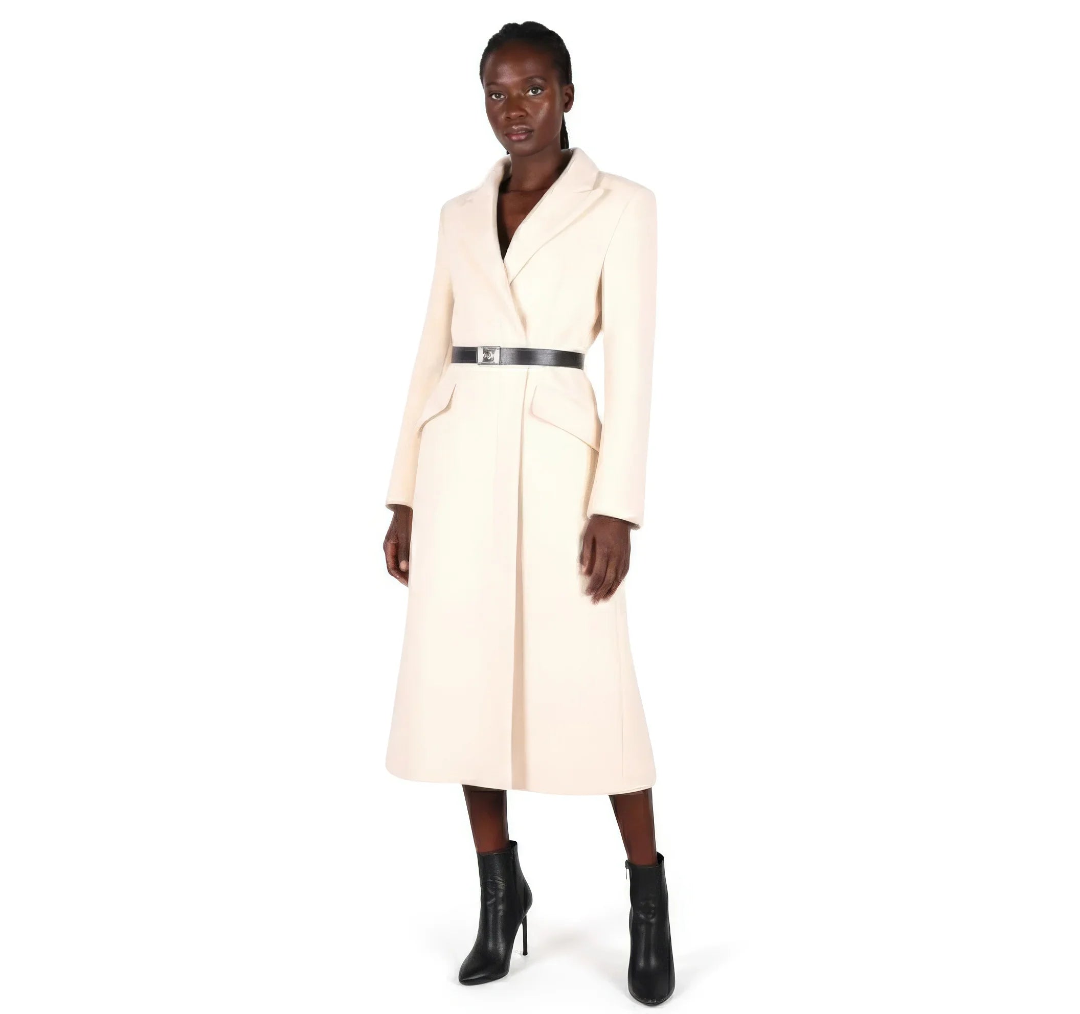Tailored Cream Wool Blend Coat with Statement Belt