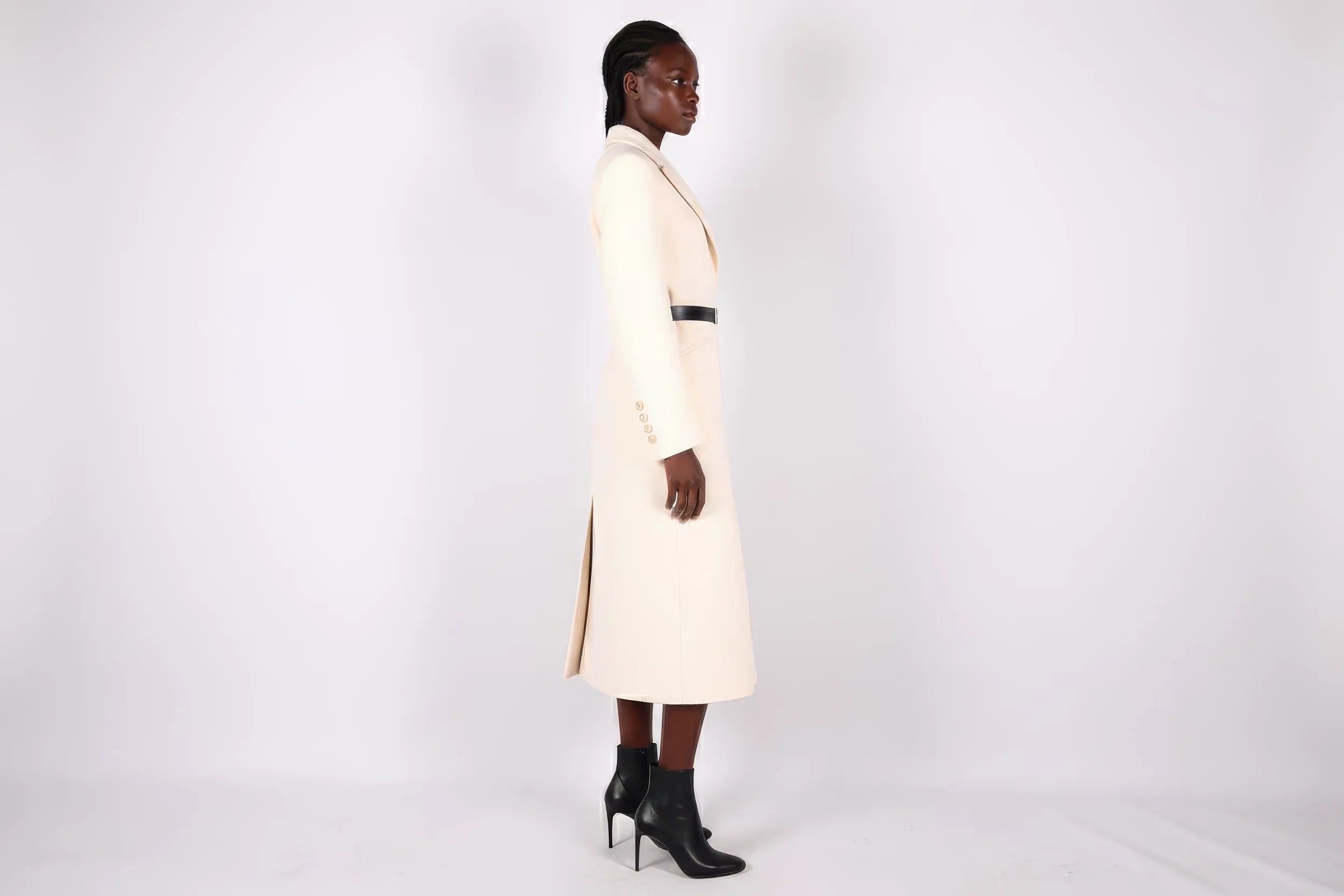 Tailored Cream Wool Blend Coat with Statement Belt