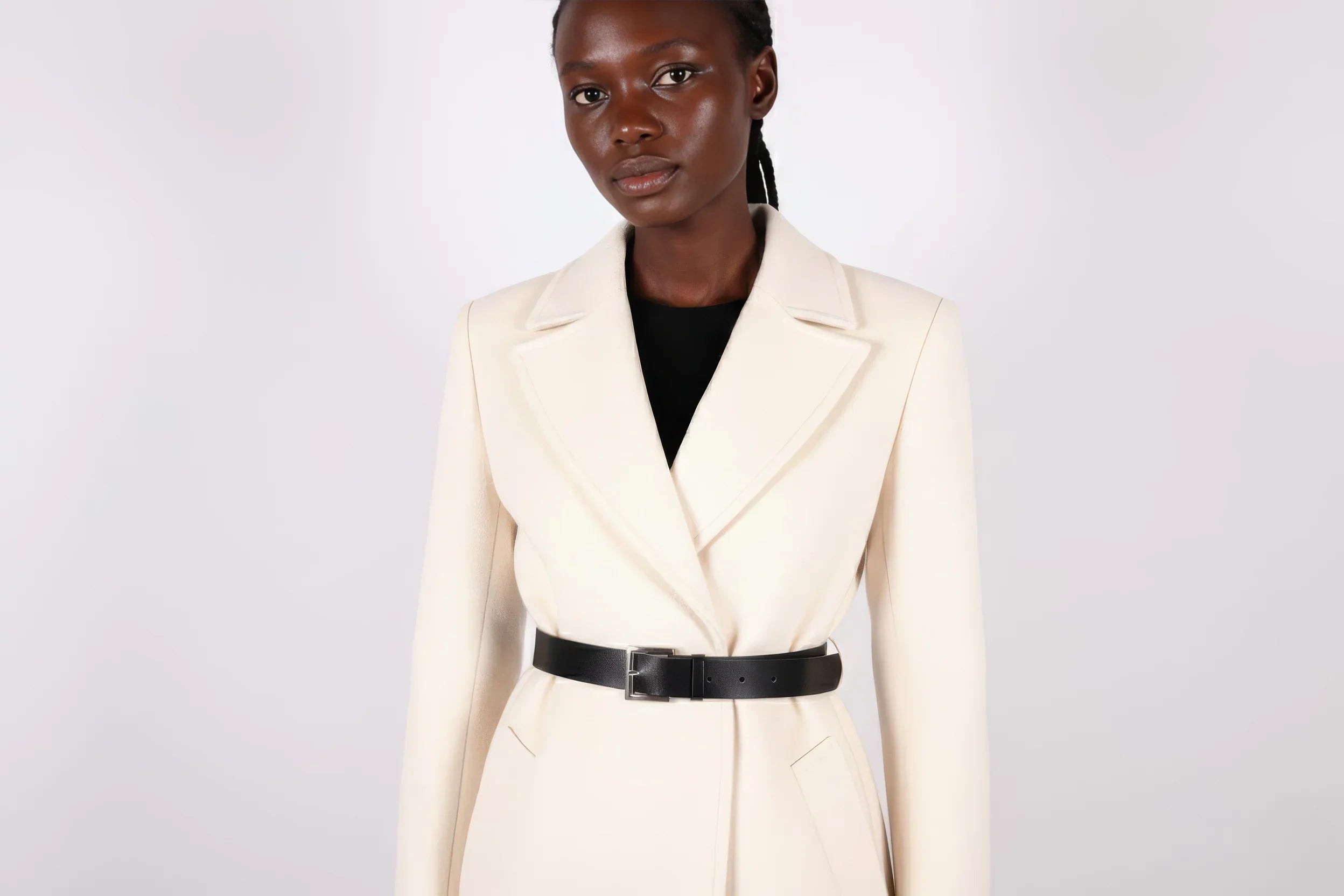 Tailored Cream Wool Blend Coat with Statement Belt