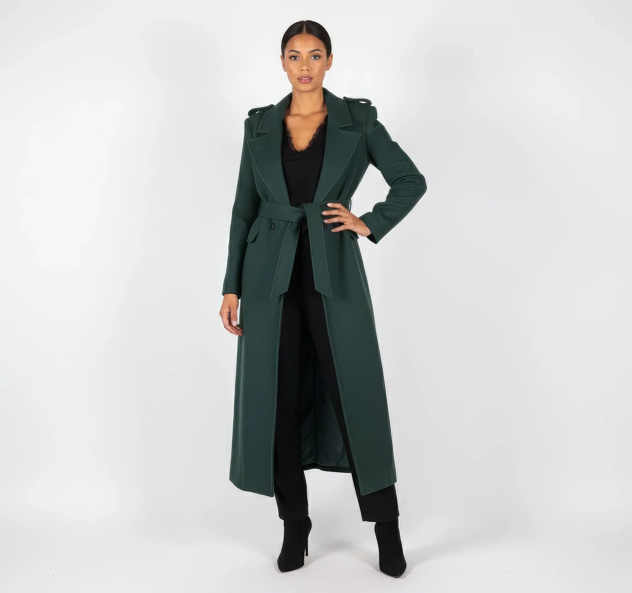Luxury Maxi Length Wrap Coat in Deep Forest Green with Military Details