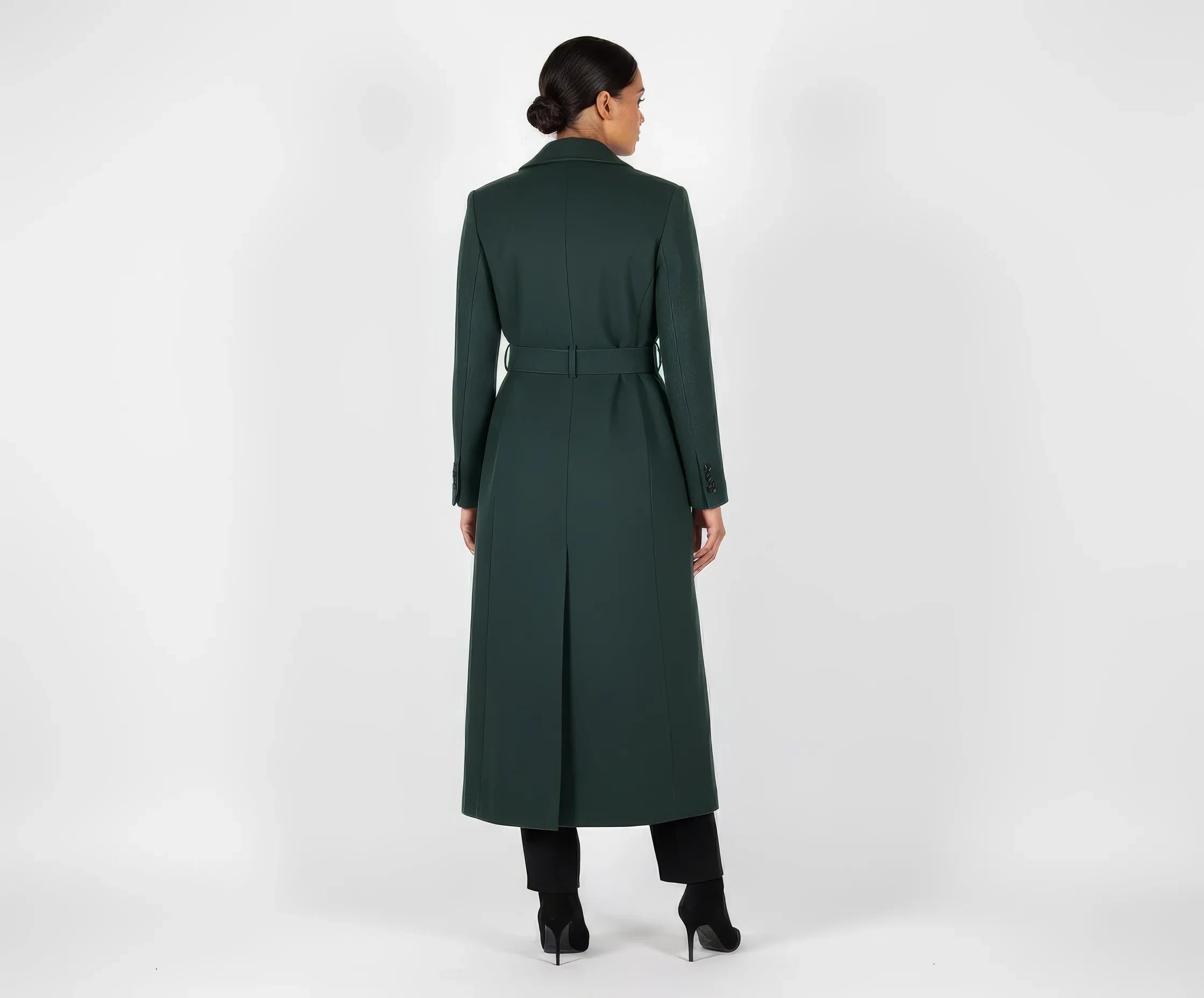 Luxury Maxi Length Wrap Coat in Deep Forest Green with Military Details