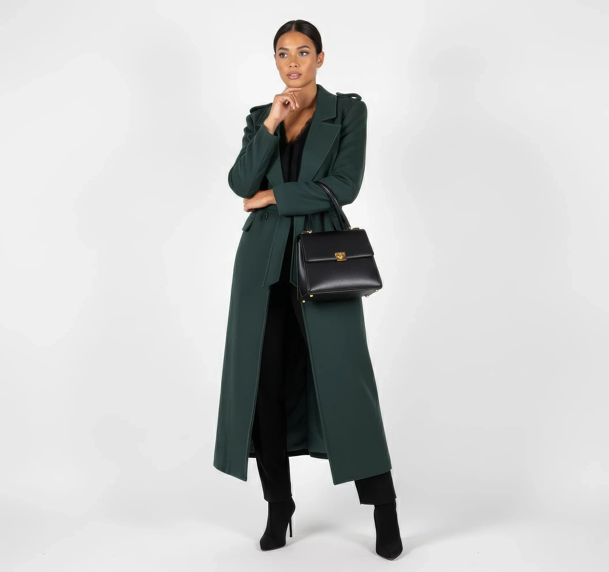 Luxury Maxi Length Wrap Coat in Deep Forest Green with Military Details