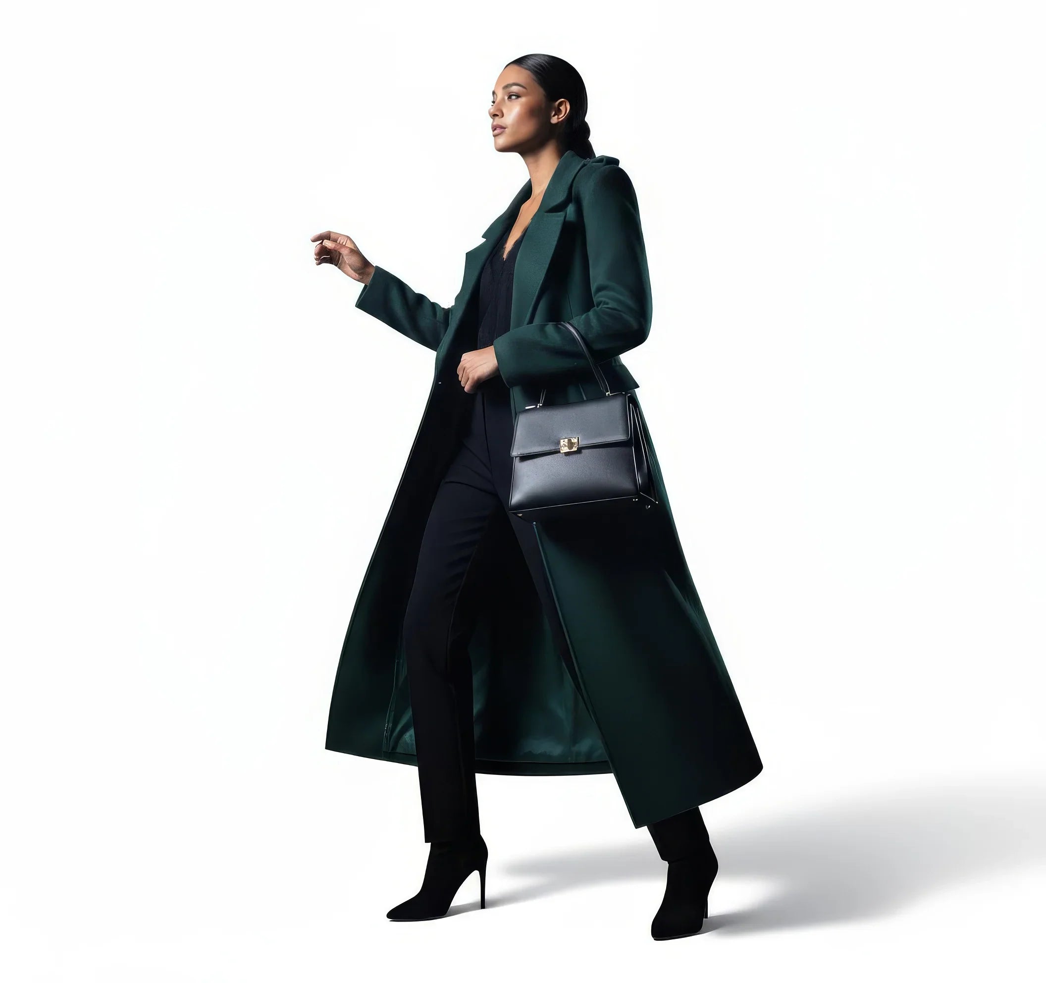 Luxury Maxi Length Wrap Coat in Deep Forest Green with Military Details