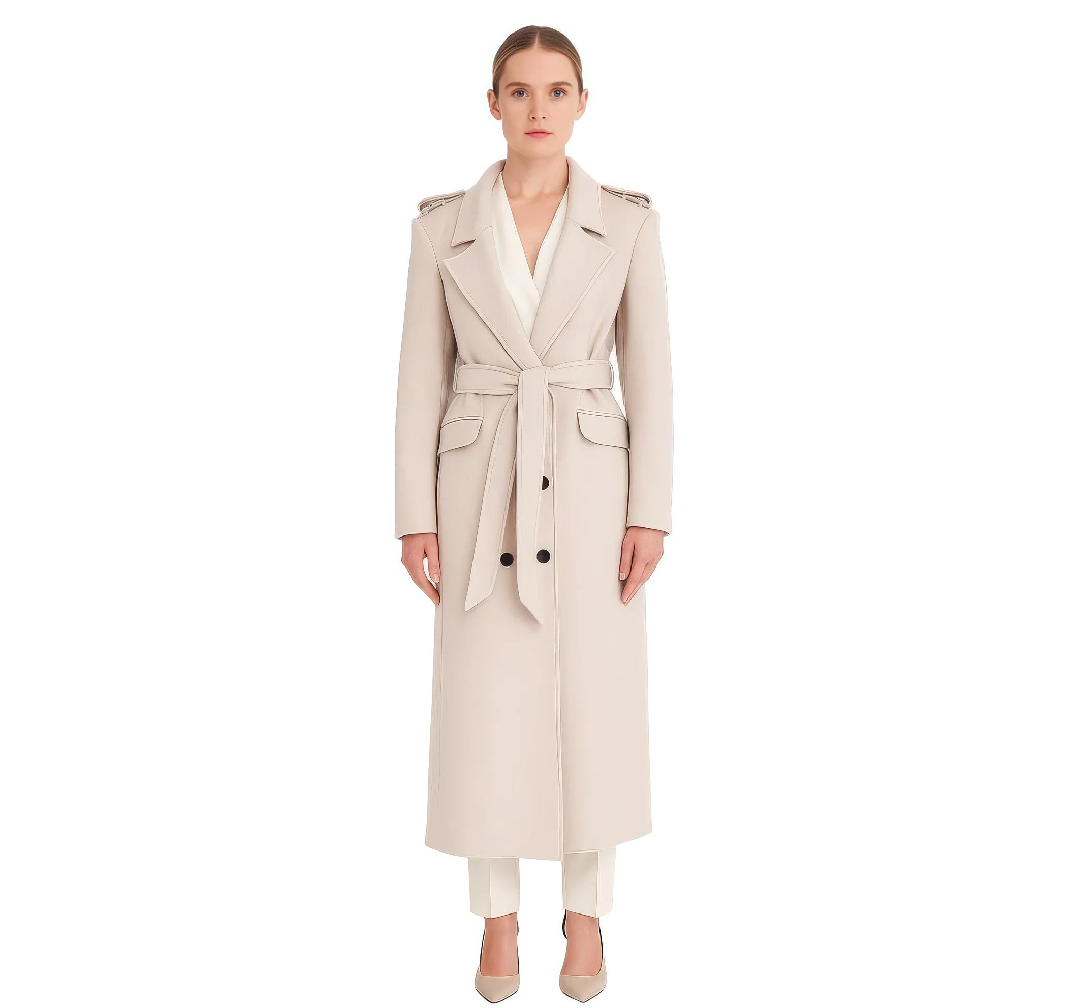 Classic Military-Detail Belted Wool-Cashmere Blend Coat in Light Beige
