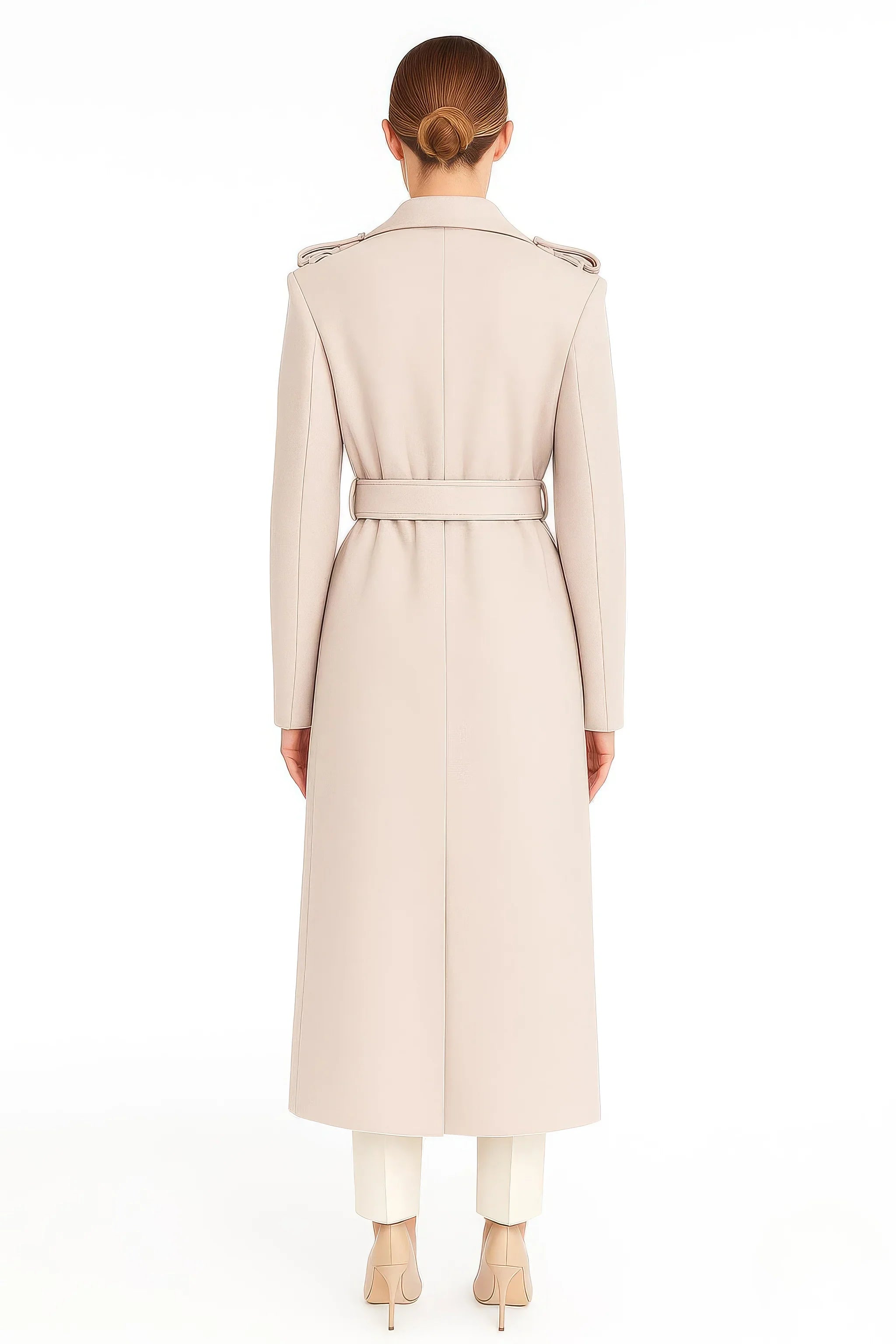 Classic Military-Detail Belted Wool-Cashmere Blend Coat in Light Beige