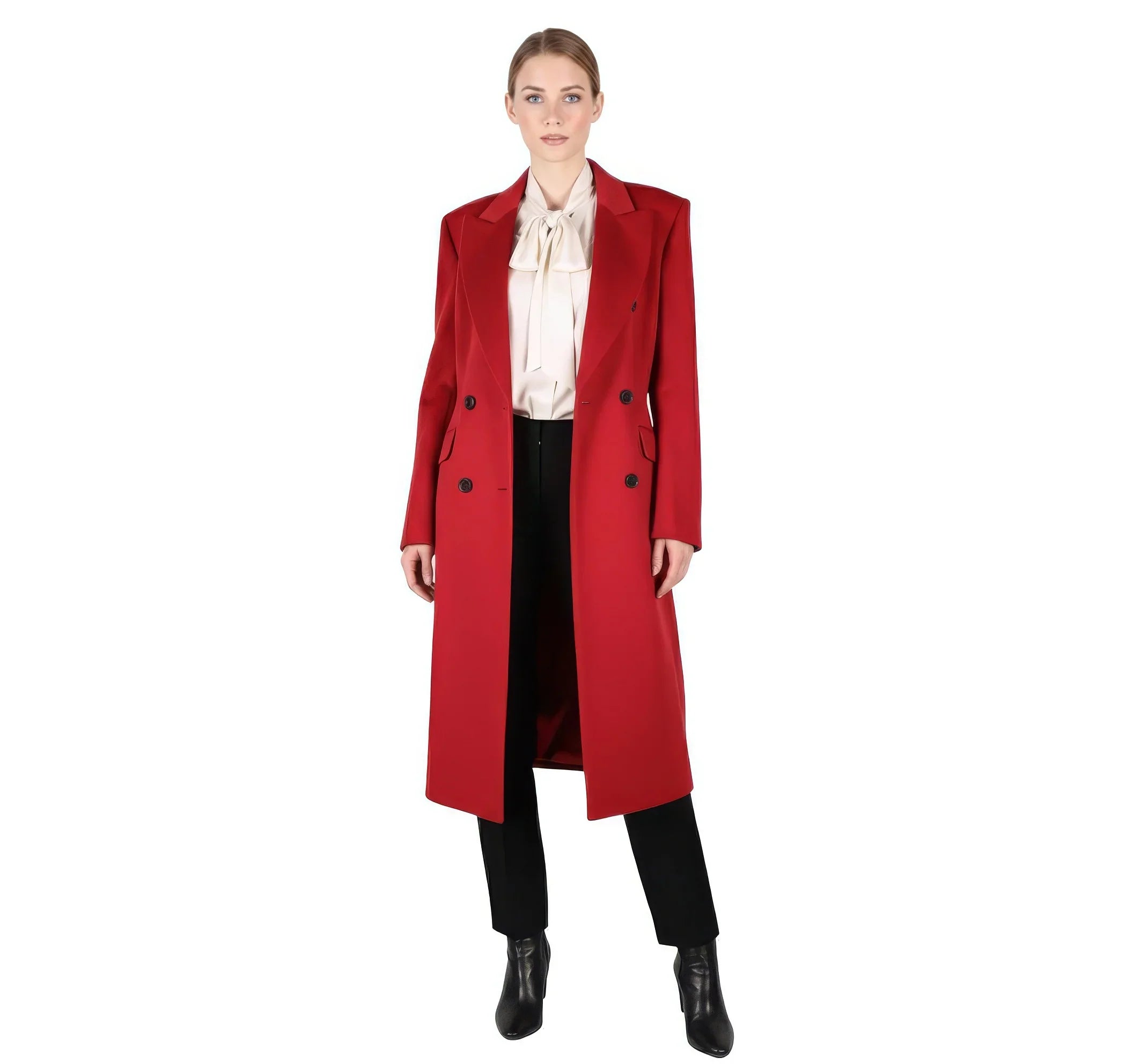 Power Shoulder Statement Red Double-Breasted Wool Blend Coat