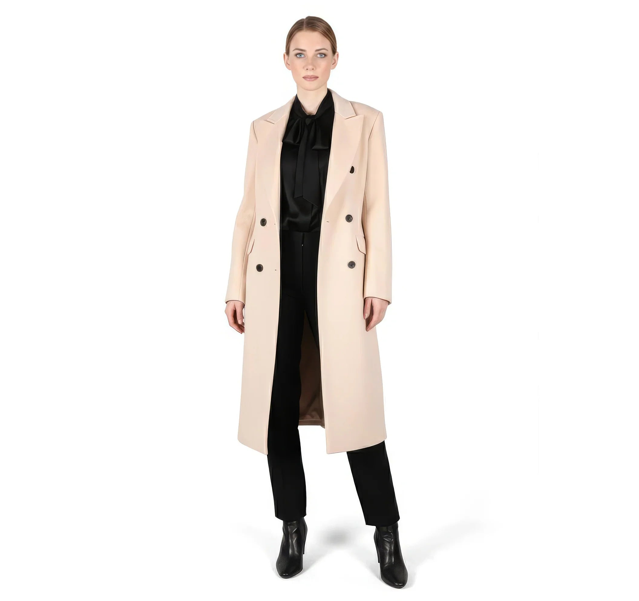 Classic Double-Breasted Midi Coat in Pale Cream Wool Blend