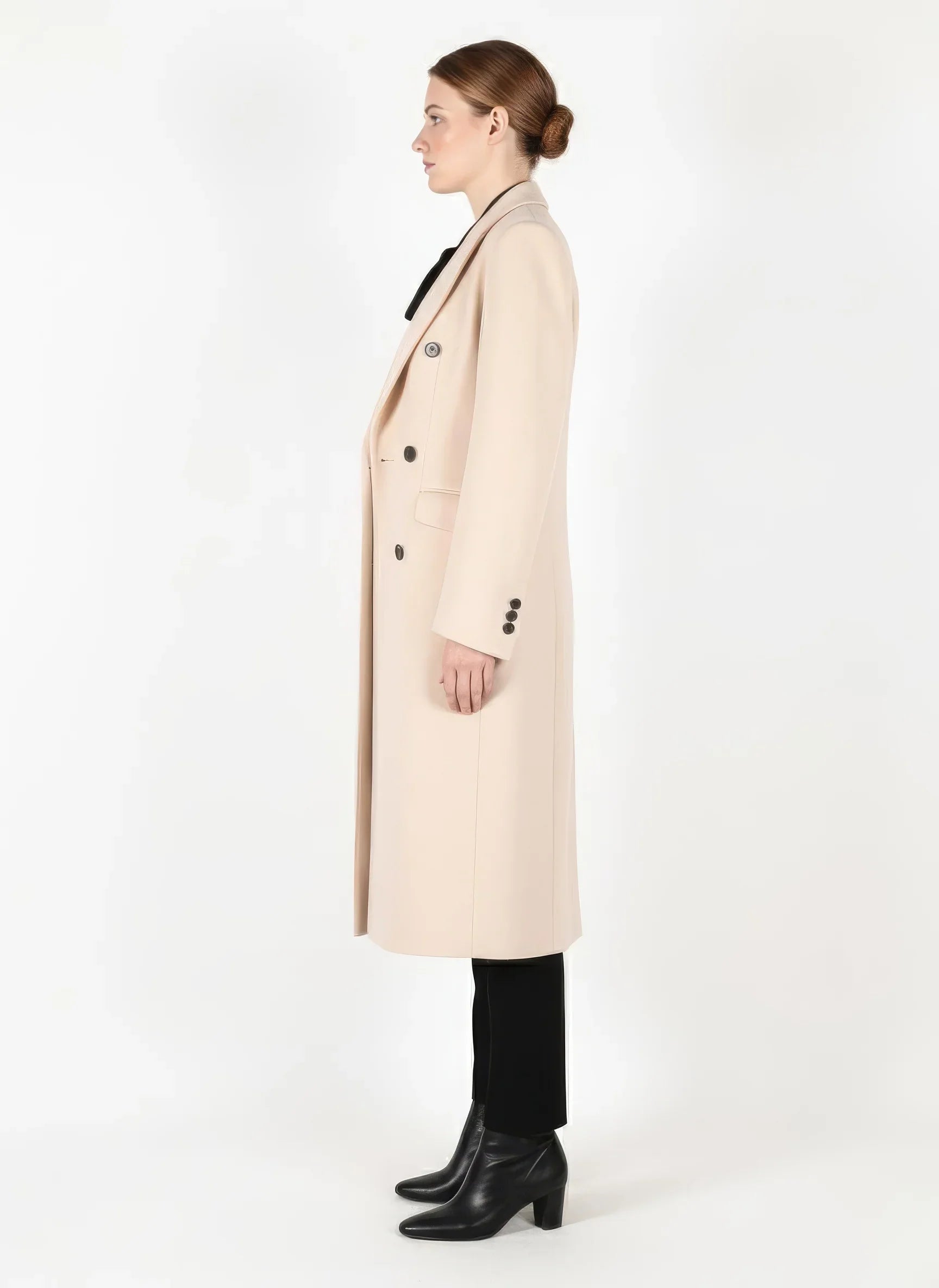 Classic Double-Breasted Midi Coat in Pale Cream Wool Blend