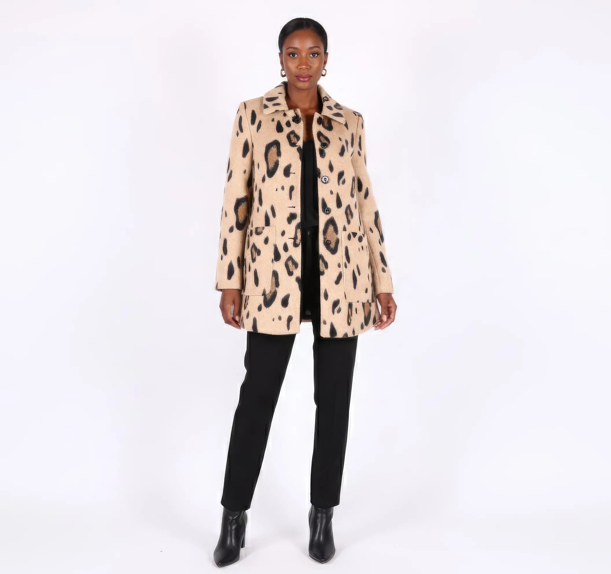 Chic Leopard Print Wool Blend Mini Coat / Structured Jacket