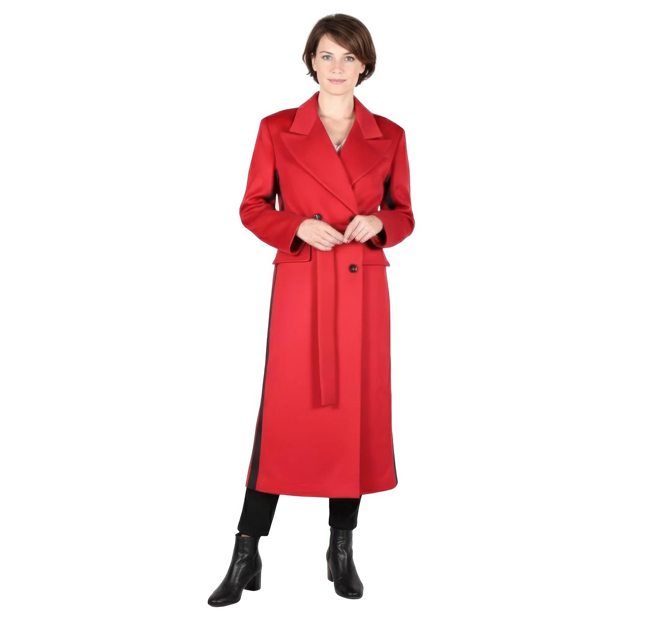Striking Two-Tone Red Wrap Coat with Black Contrast Side Panels