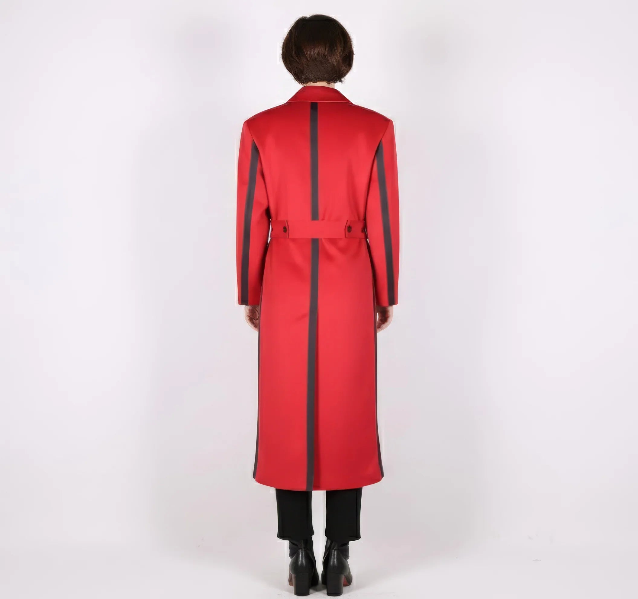 Striking Two-Tone Red Wrap Coat with Black Contrast Side Panels