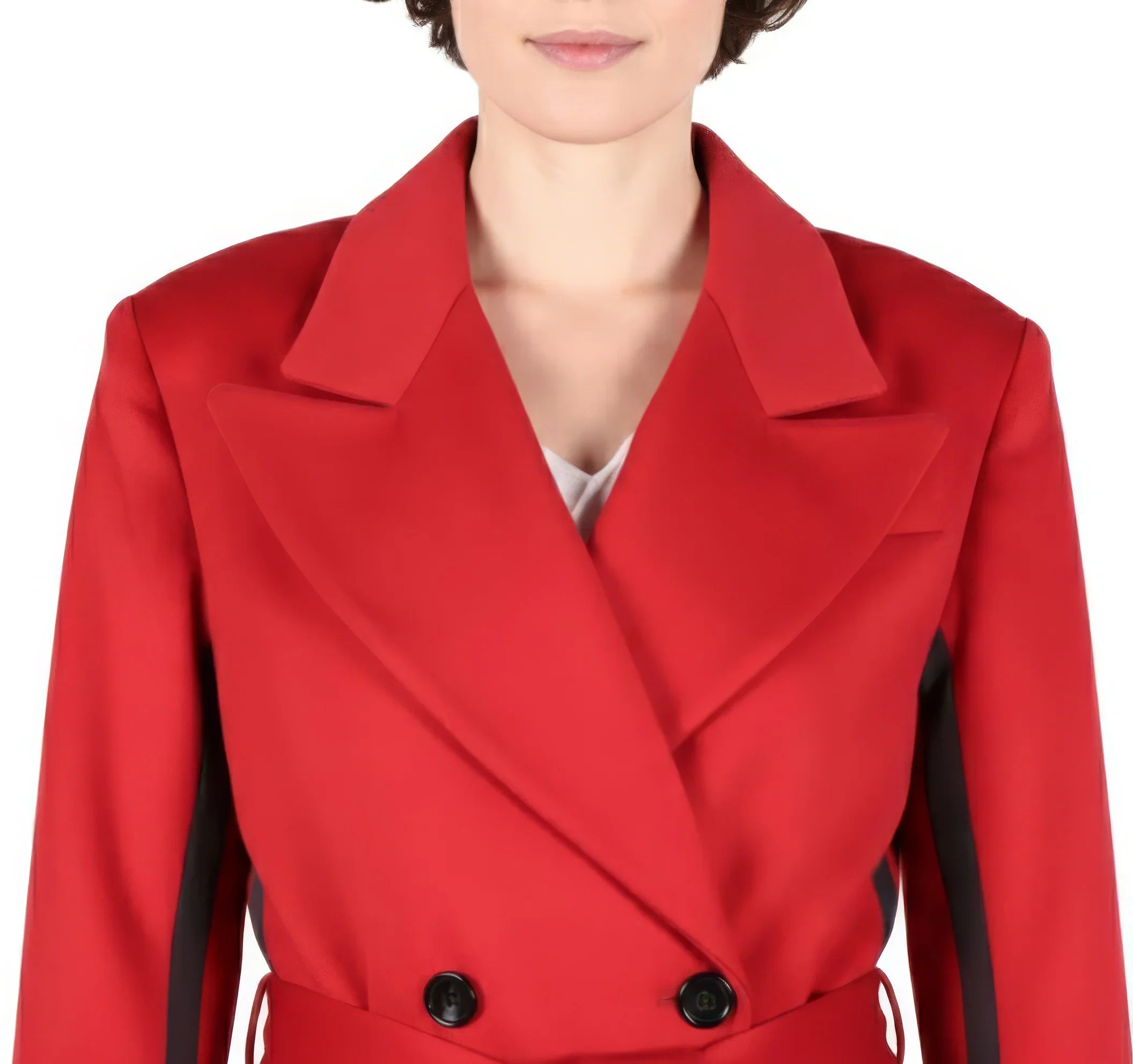 Striking Two-Tone Red Wrap Coat with Black Contrast Side Panels