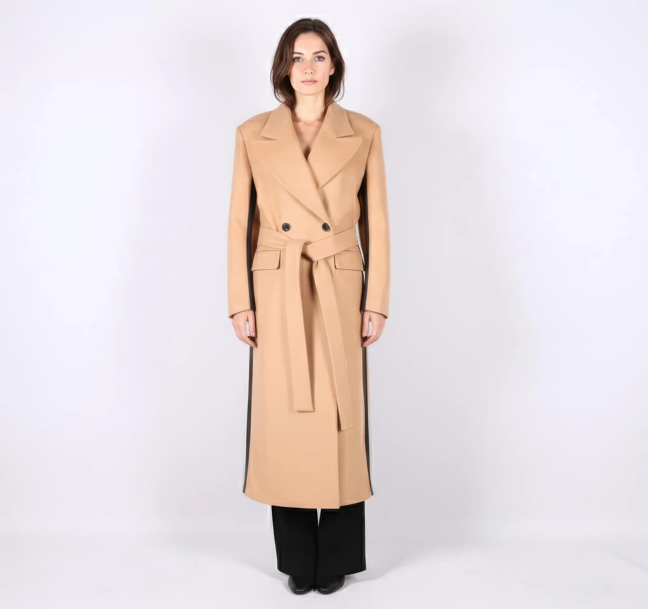 Statement Two-Tone Camel Wrap Coat with Black Contrast Panels