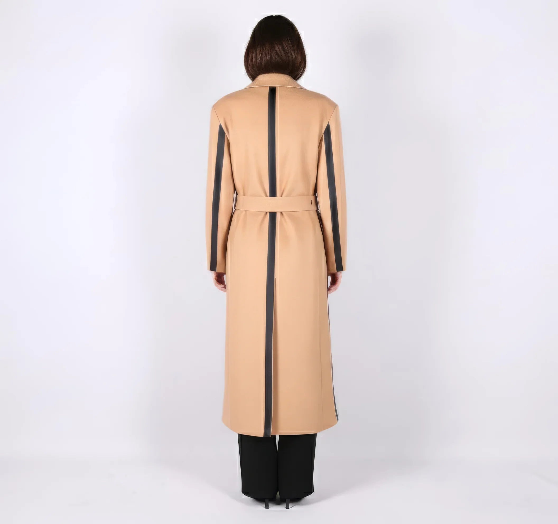 Statement Two-Tone Camel Wrap Coat with Black Contrast Panels