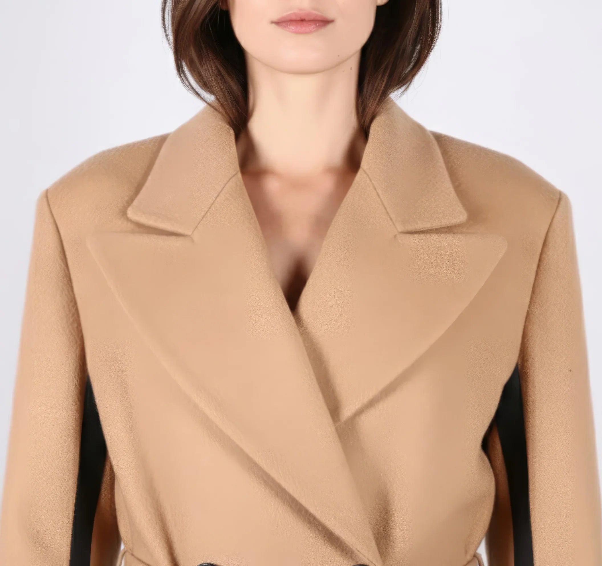 Statement Two-Tone Camel Wrap Coat with Black Contrast Panels
