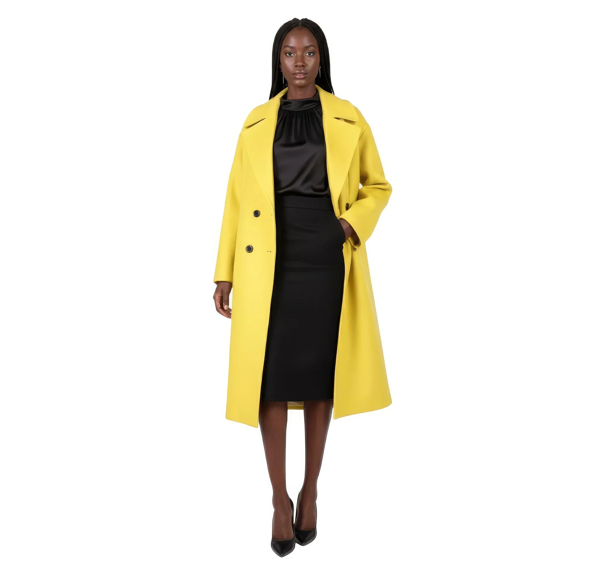 Vibrant Lemon Yellow Double-Breasted Wool Blend Statement Coat