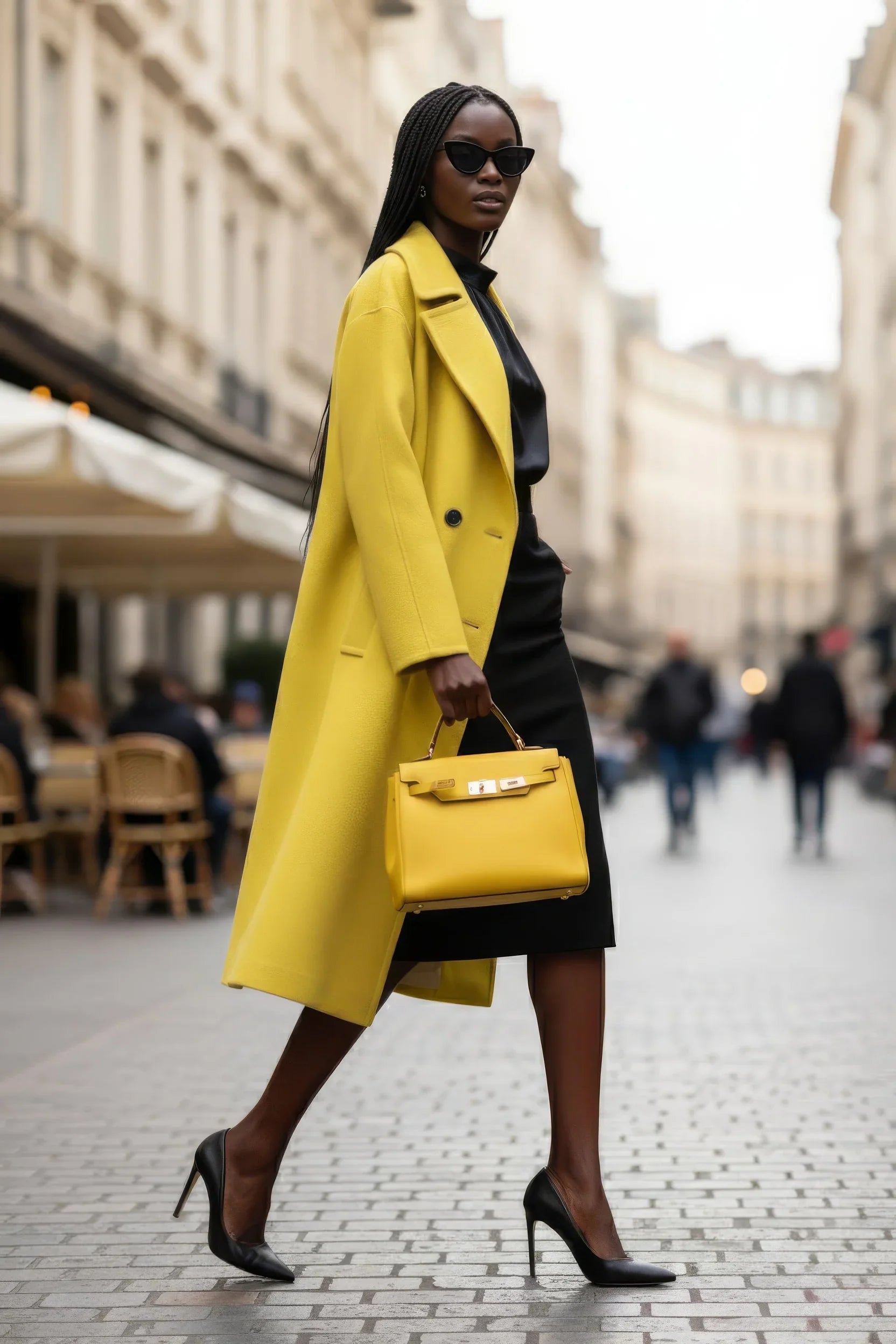 Vibrant Lemon Yellow Double-Breasted Wool Blend Statement Coat