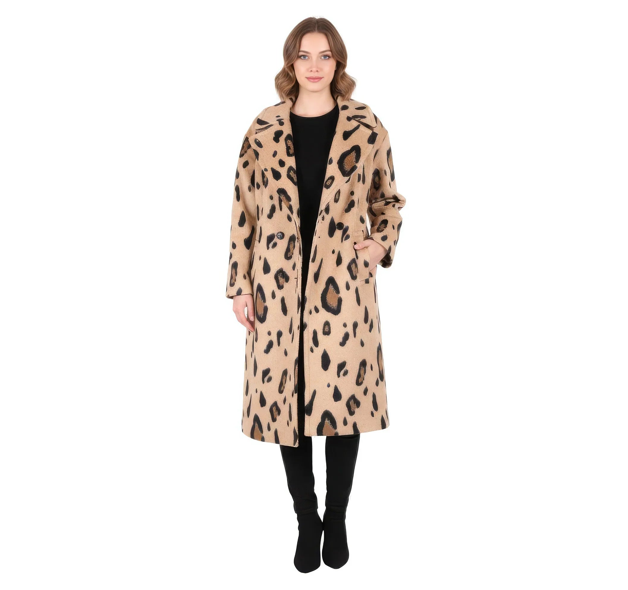 Statement Leopard Print Wool Blend Long Coat with Notch Collar