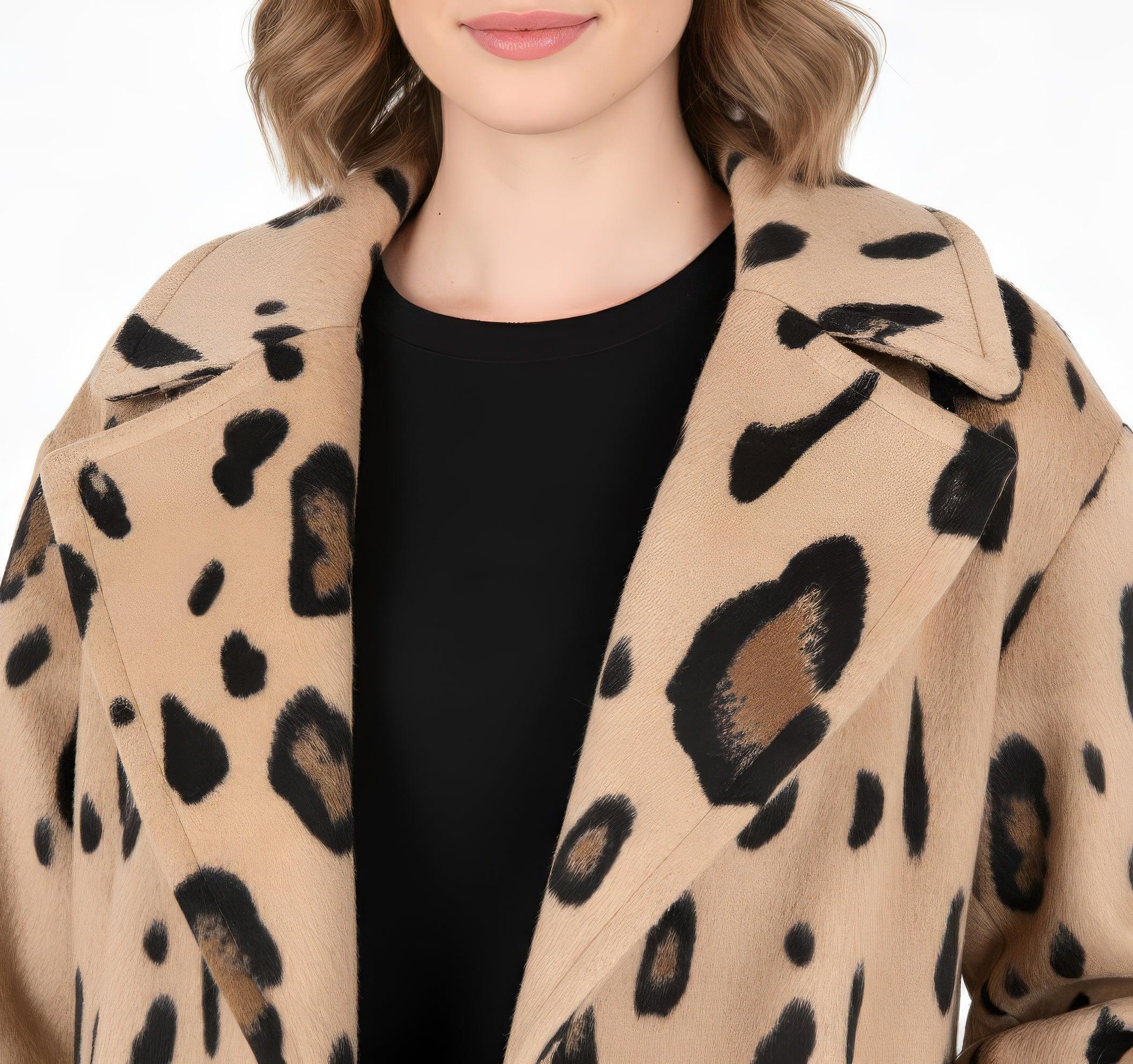 Statement Leopard Print Wool Blend Long Coat with Notch Collar