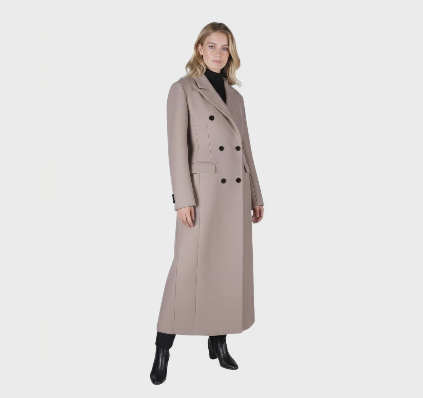 Elegant Double-Breasted Maxi Wool Blend Coat in Taupe/Camel