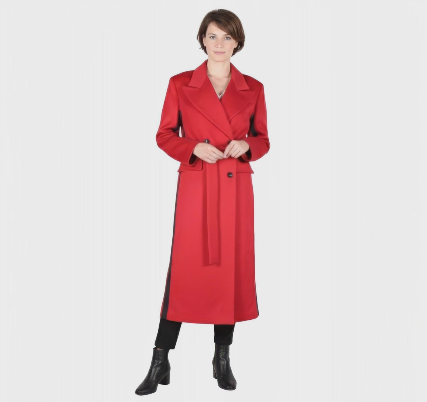 Striking Two-Tone Red Wrap Coat with Black Contrast Side Panels