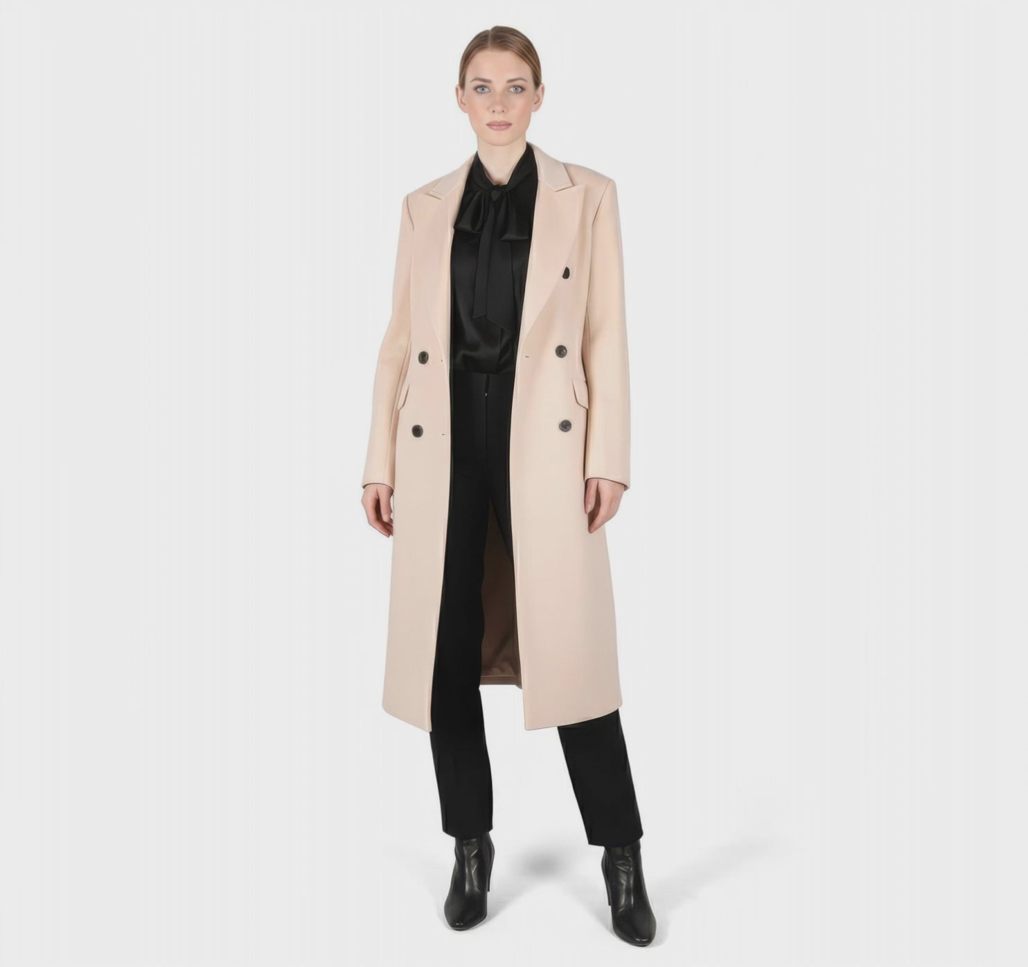 Classic Double-Breasted Midi Coat in Pale Cream Wool Blend