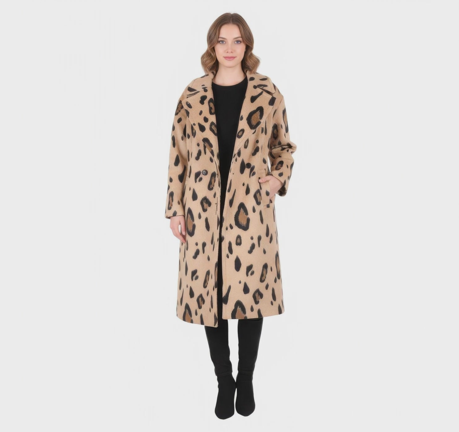 Statement Leopard Print Wool Blend Long Coat with Notch Collar