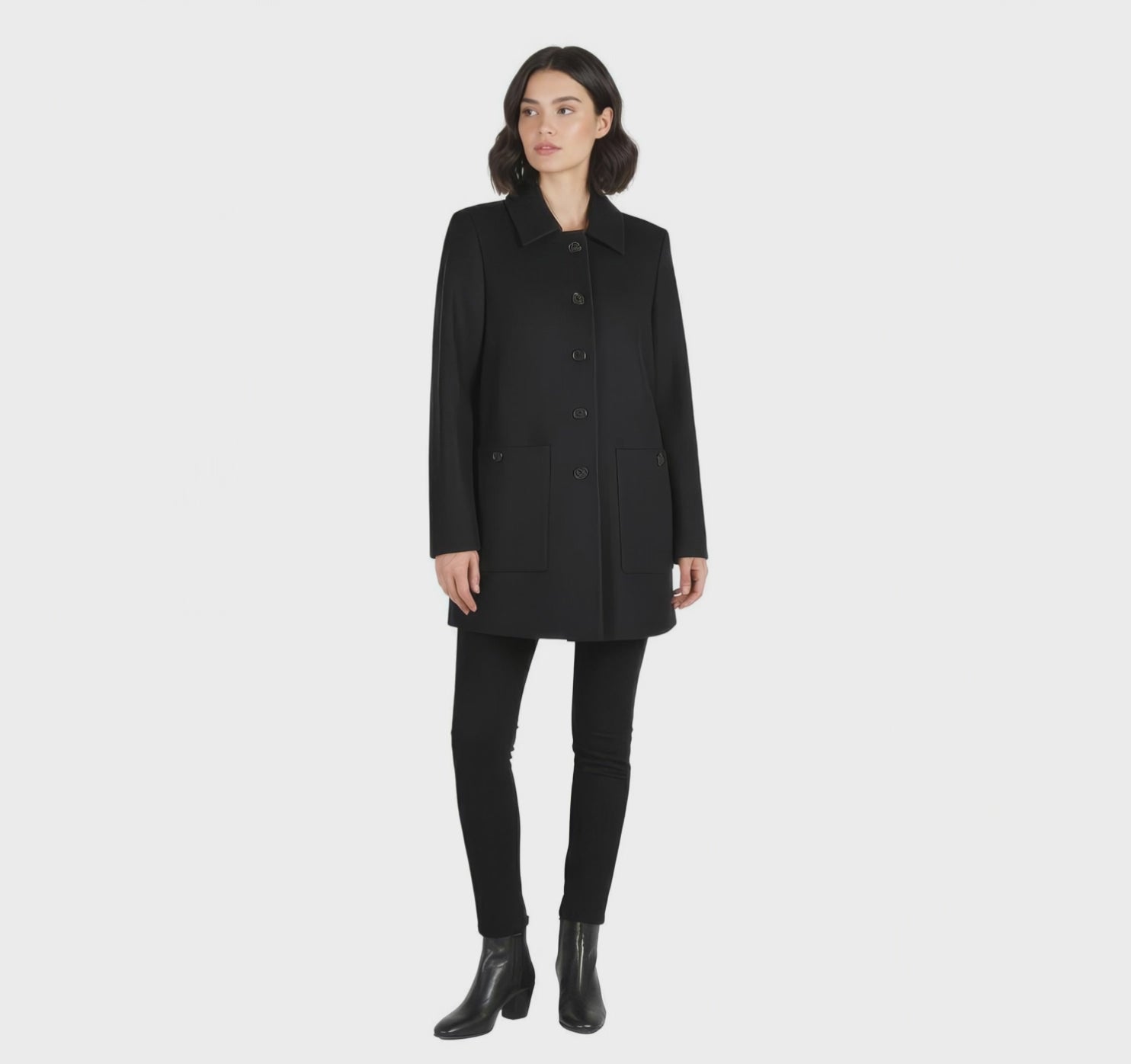Classic Black Single-Breasted Wool Blend Car Coat / Jacket