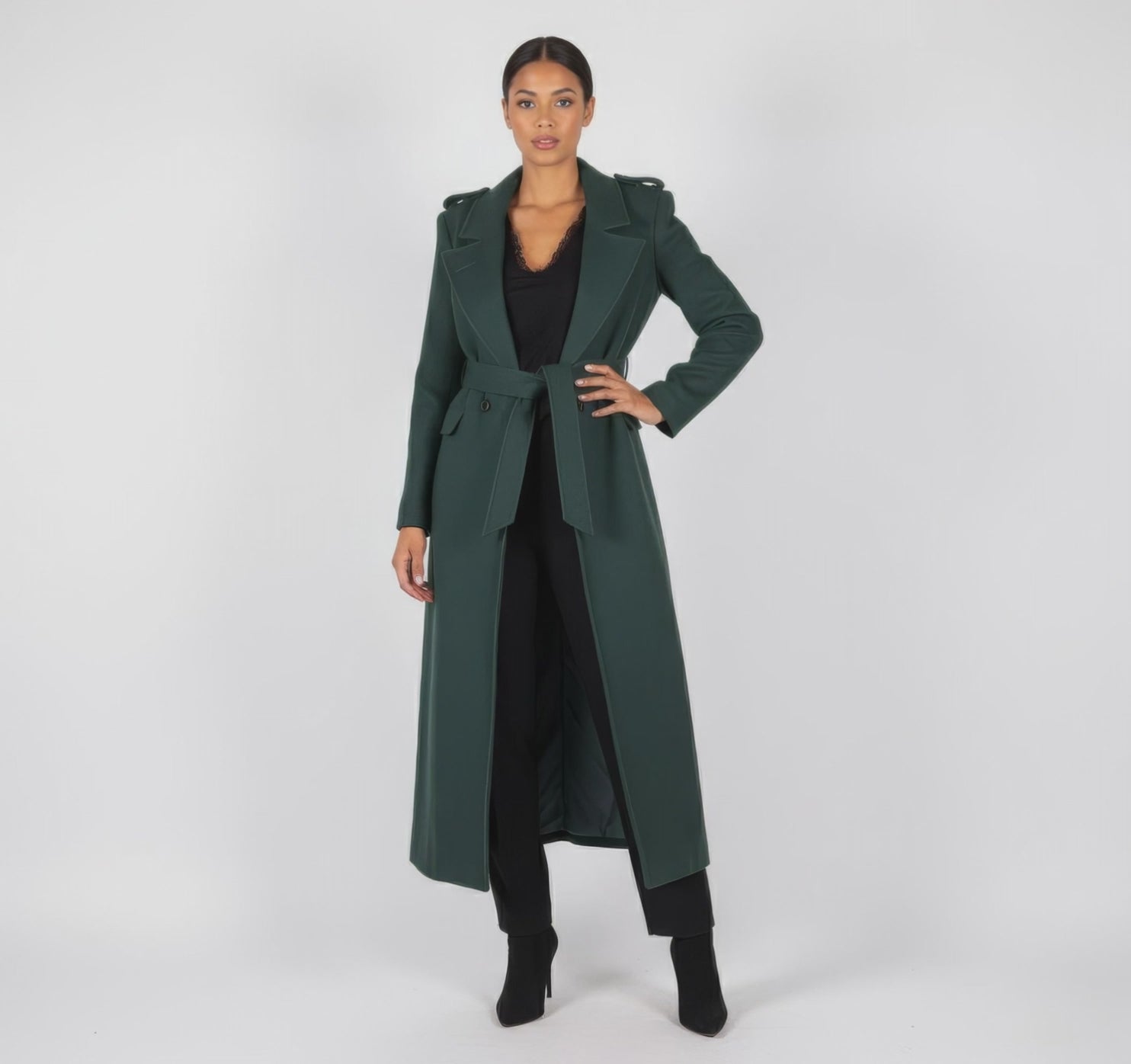 Luxury Maxi Length Wrap Coat in Deep Forest Green with Military Details