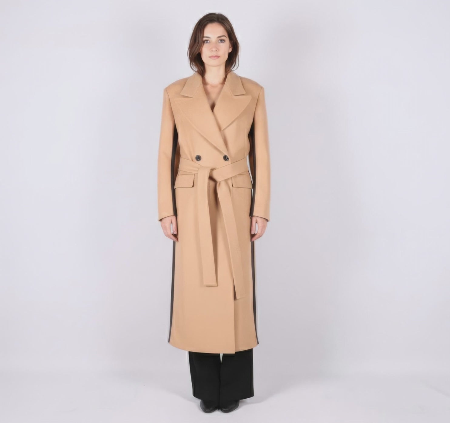 Statement Two-Tone Camel Wrap Coat with Black Contrast Panels