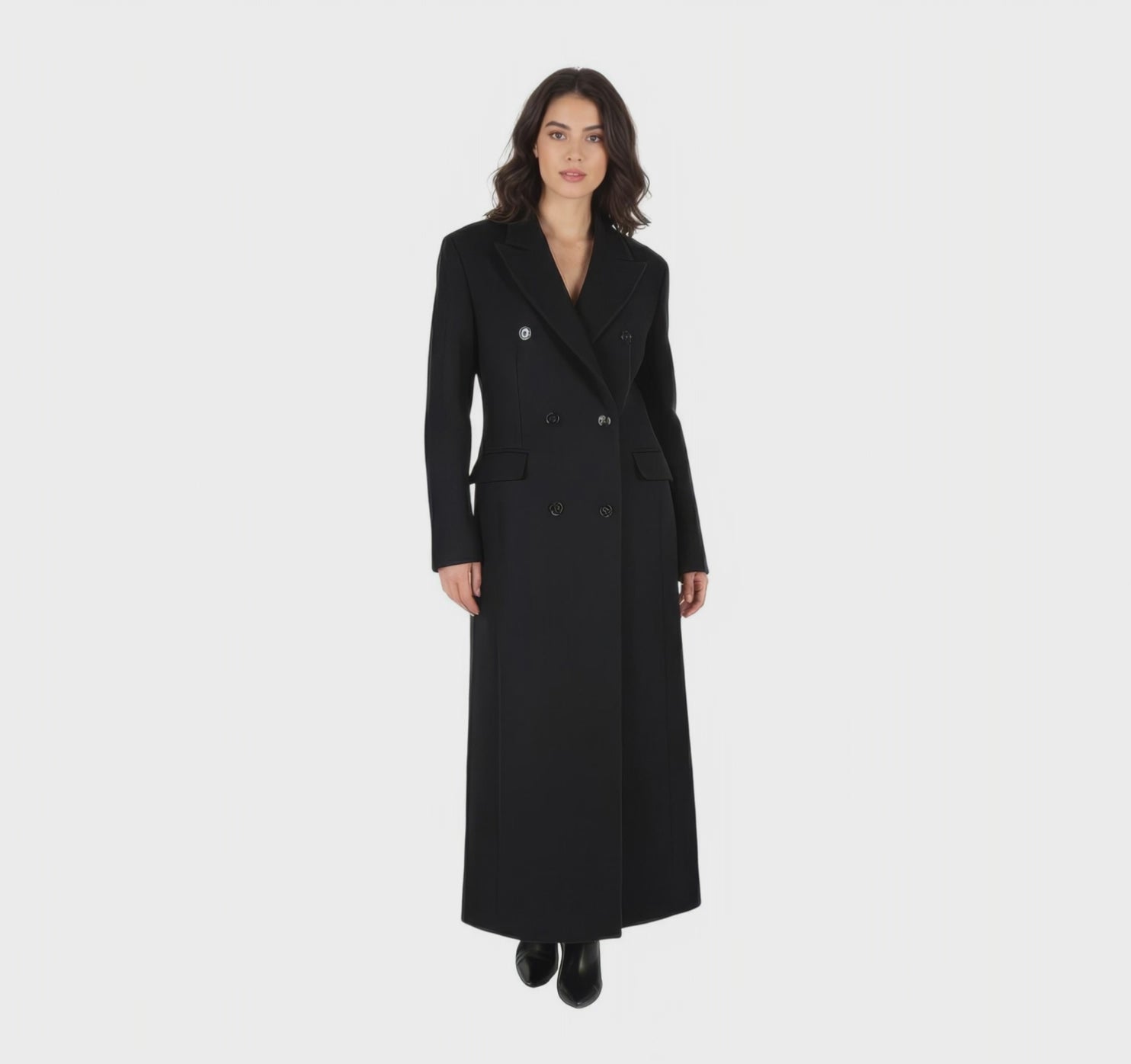 Dramatic Maxi Length Black Double-Breasted Premium Wool Coat