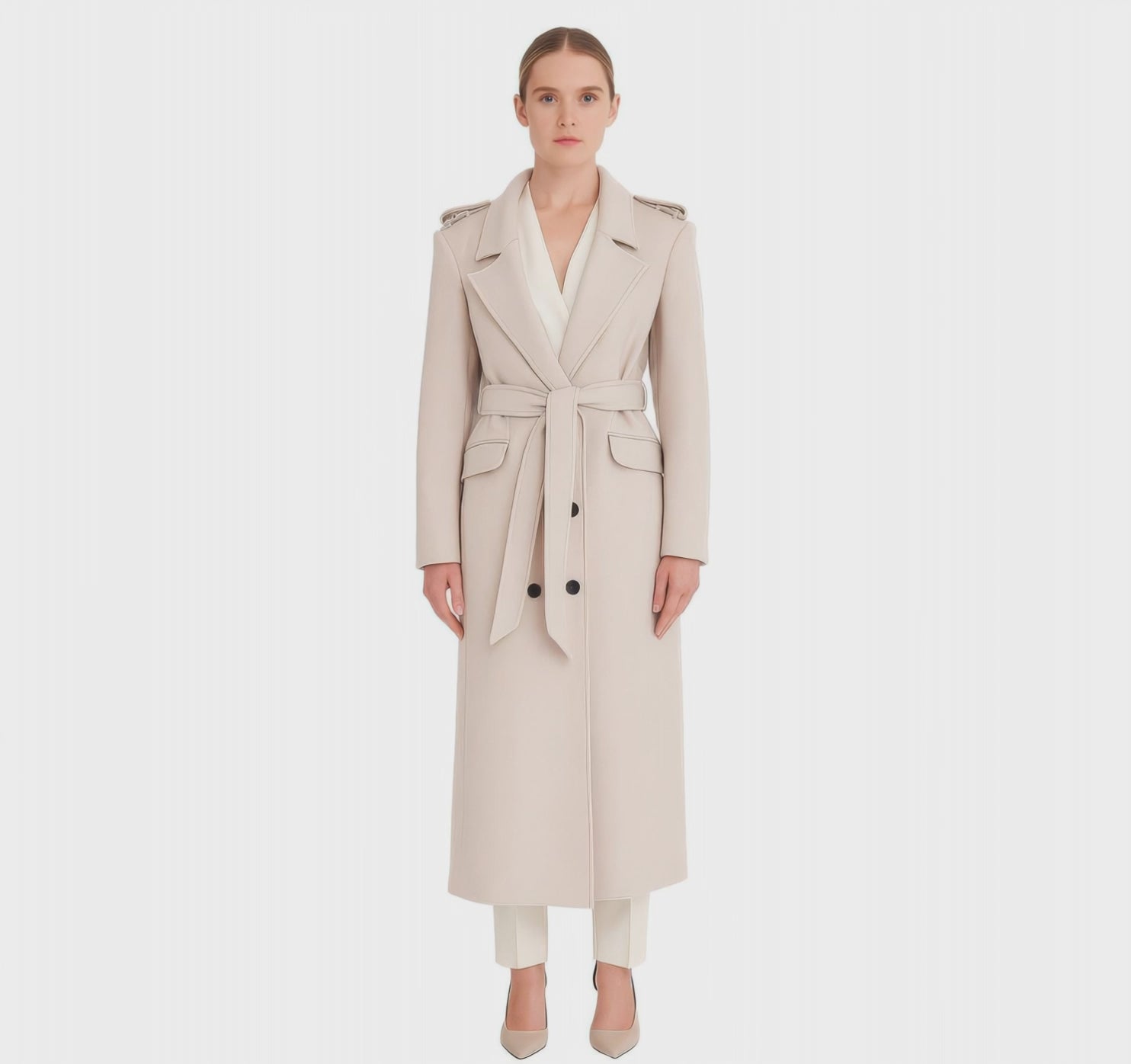 Classic Military-Detail Belted Wool-Cashmere Blend Coat in Light Beige