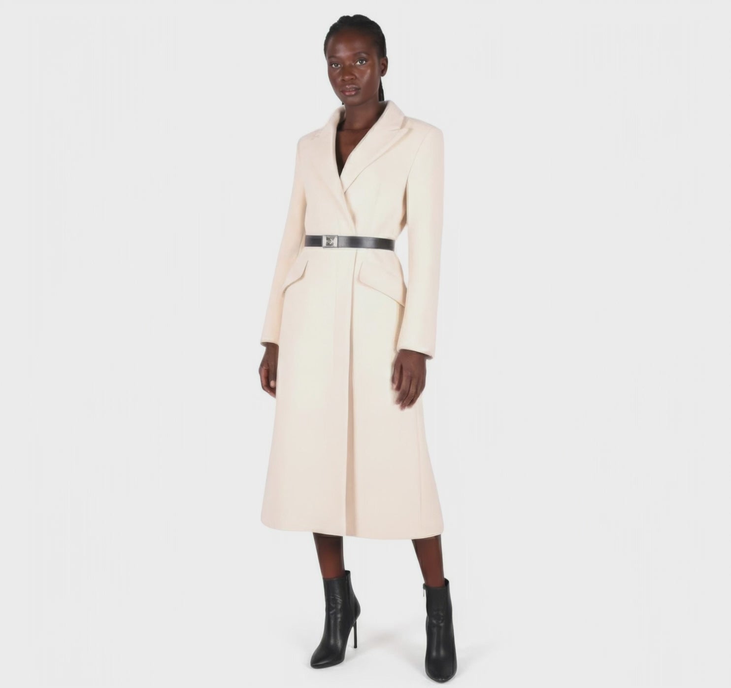 Tailored Cream Wool Blend Coat with Statement Belt