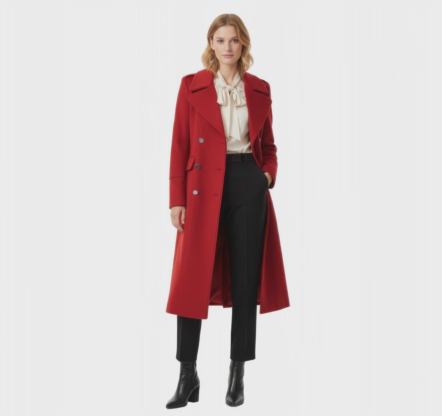 Statement Red Double-Breasted Wool-Blend Coat with Shoulder Detail