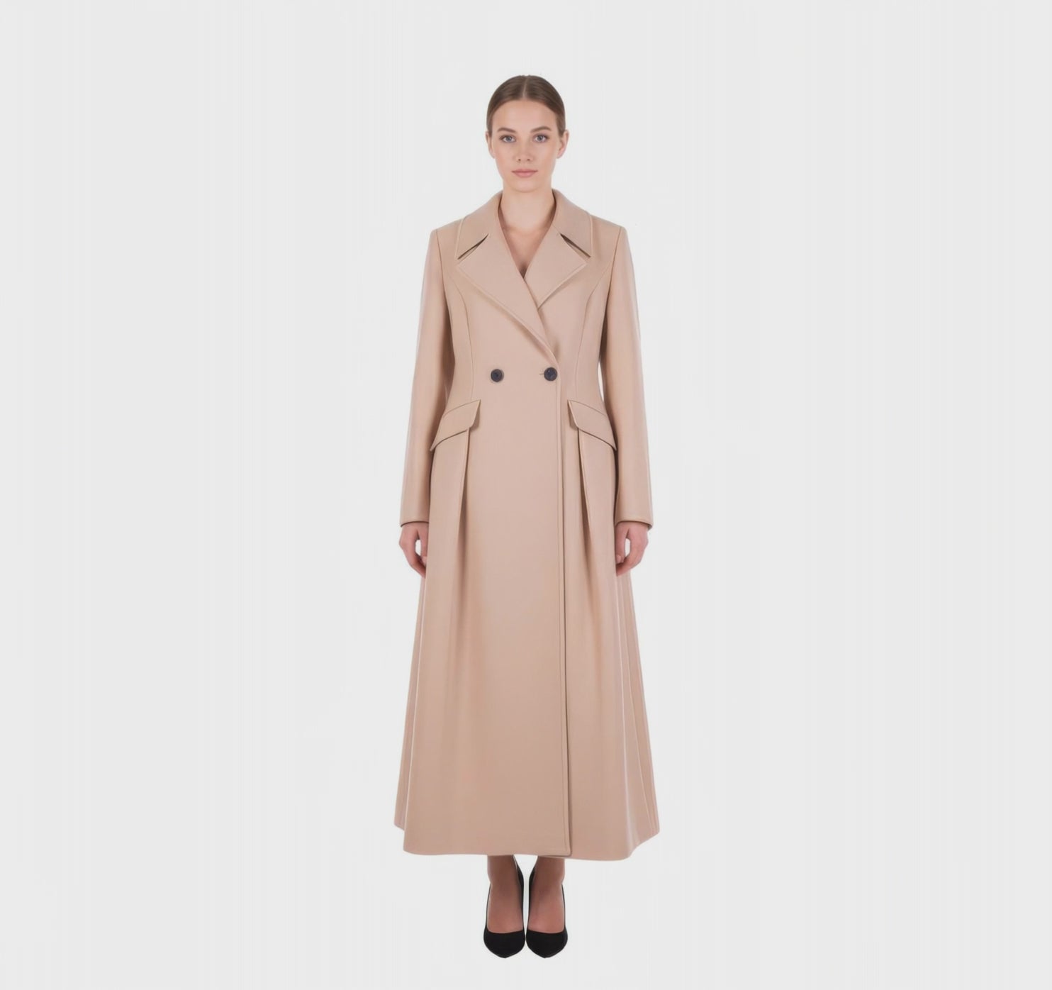 Dramatic Pleated A-Line Maxi Coat in Luxury Wool Blend