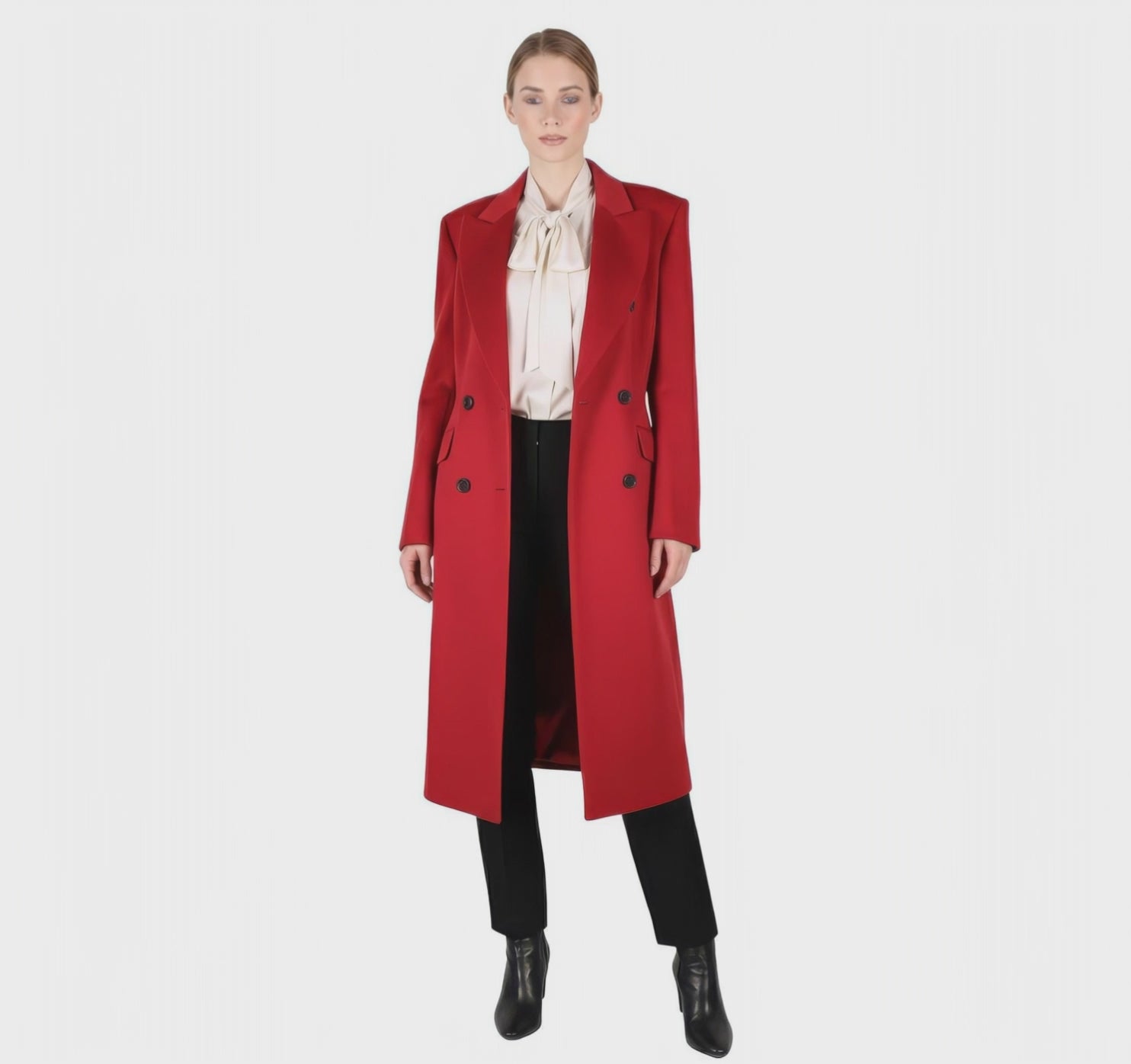 Power Shoulder Statement Red Double-Breasted Wool Blend Coat