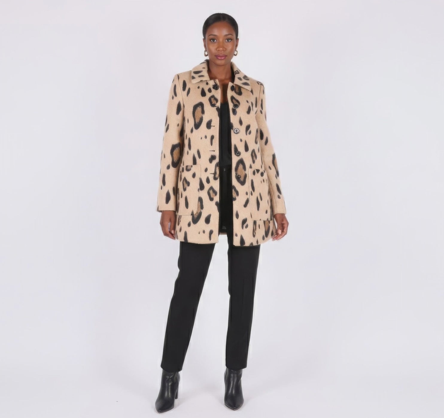 Chic Leopard Print Wool Blend Mini Coat / Structured Jacket