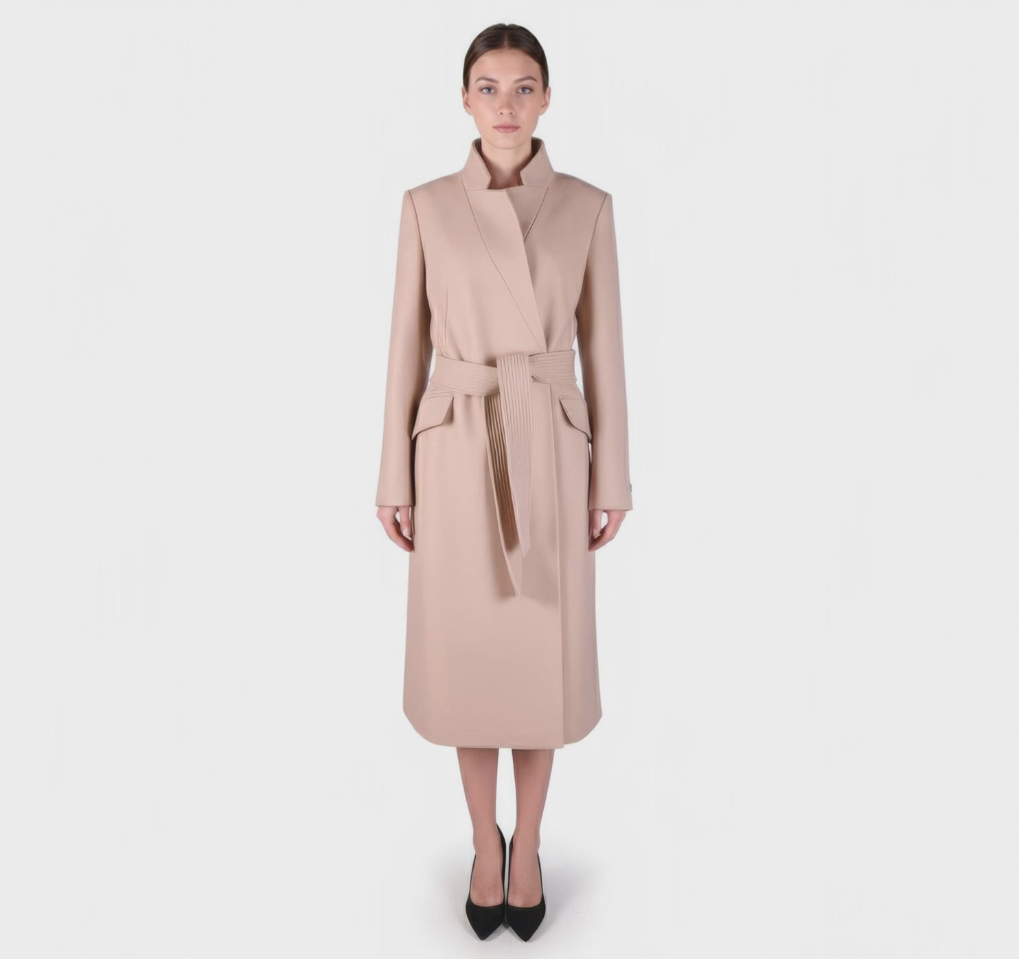 Classic Camel Wool Wrap Coat with Belt