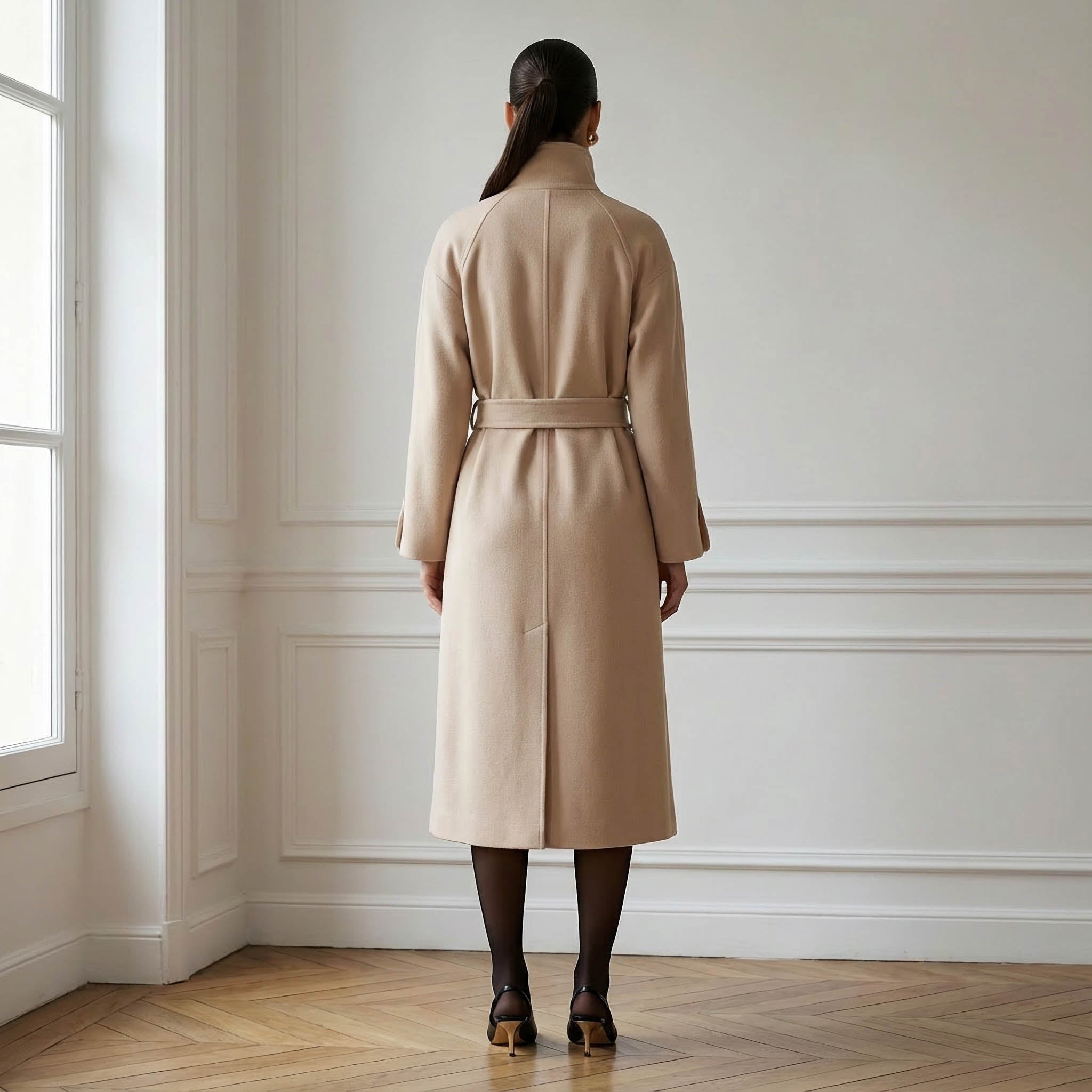 Cricket Pale Cream Pure Cashmere Coat | Funnel Collar & Belted Design