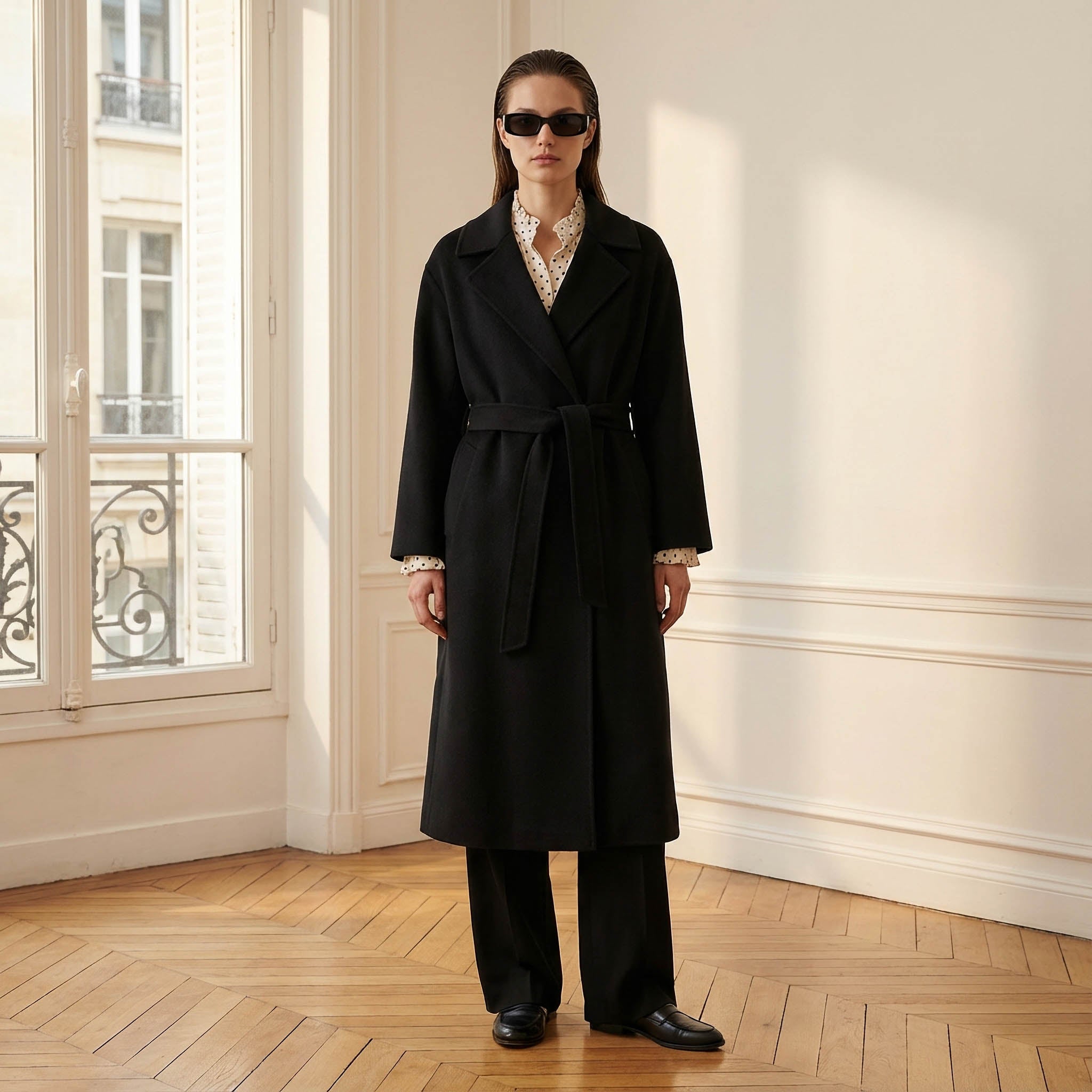 Clara Premium Pure Cashmere Black Coat | Omslagsfrakke med lang bælte til kvinder